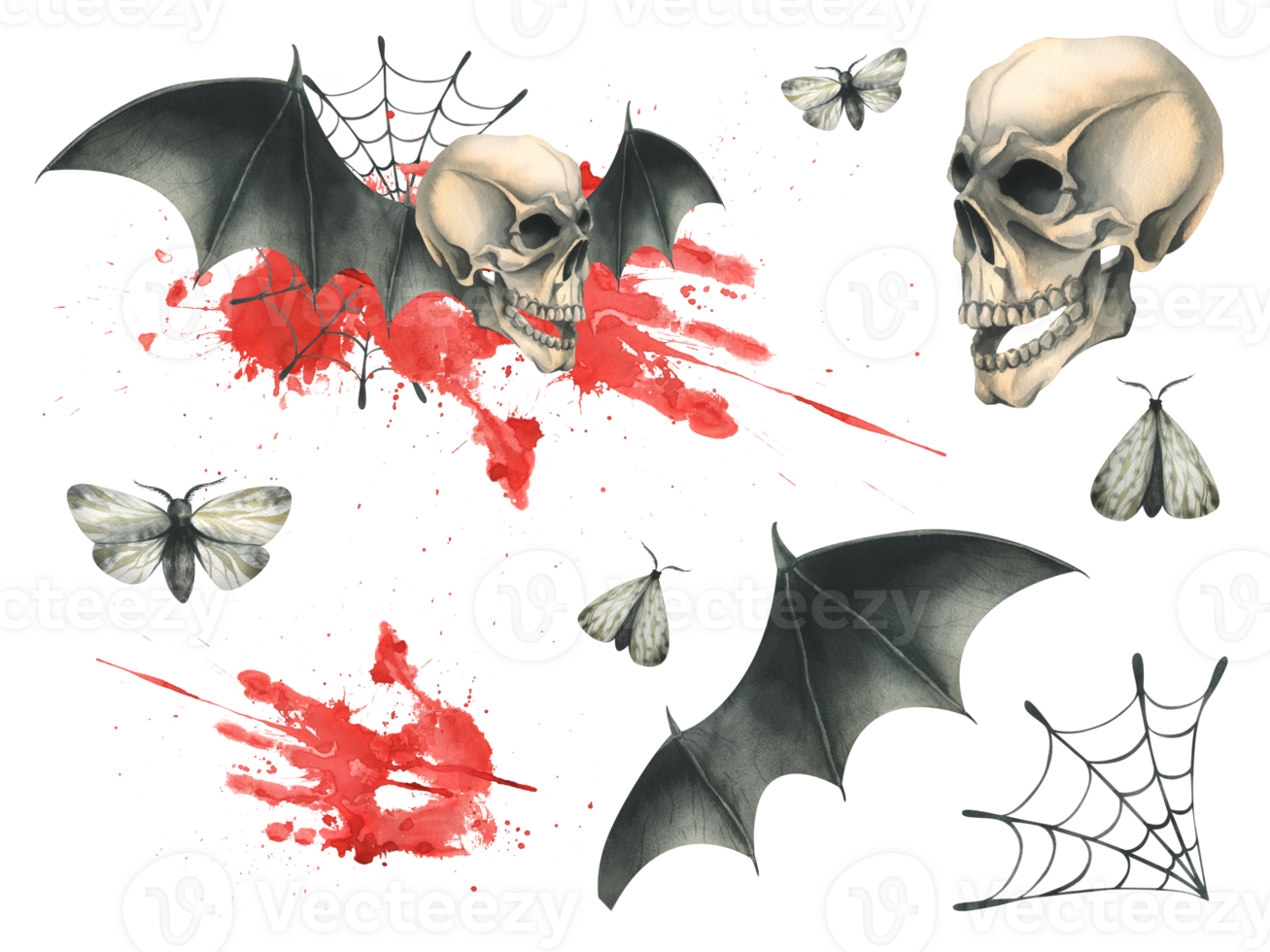 sida se av en mänsklig skalle med svart fladdermus vingar med en blodfläckar och spindelväv för de Semester av död dag och halloween. vattenfärg illustration, hand ritade. uppsättning av element png