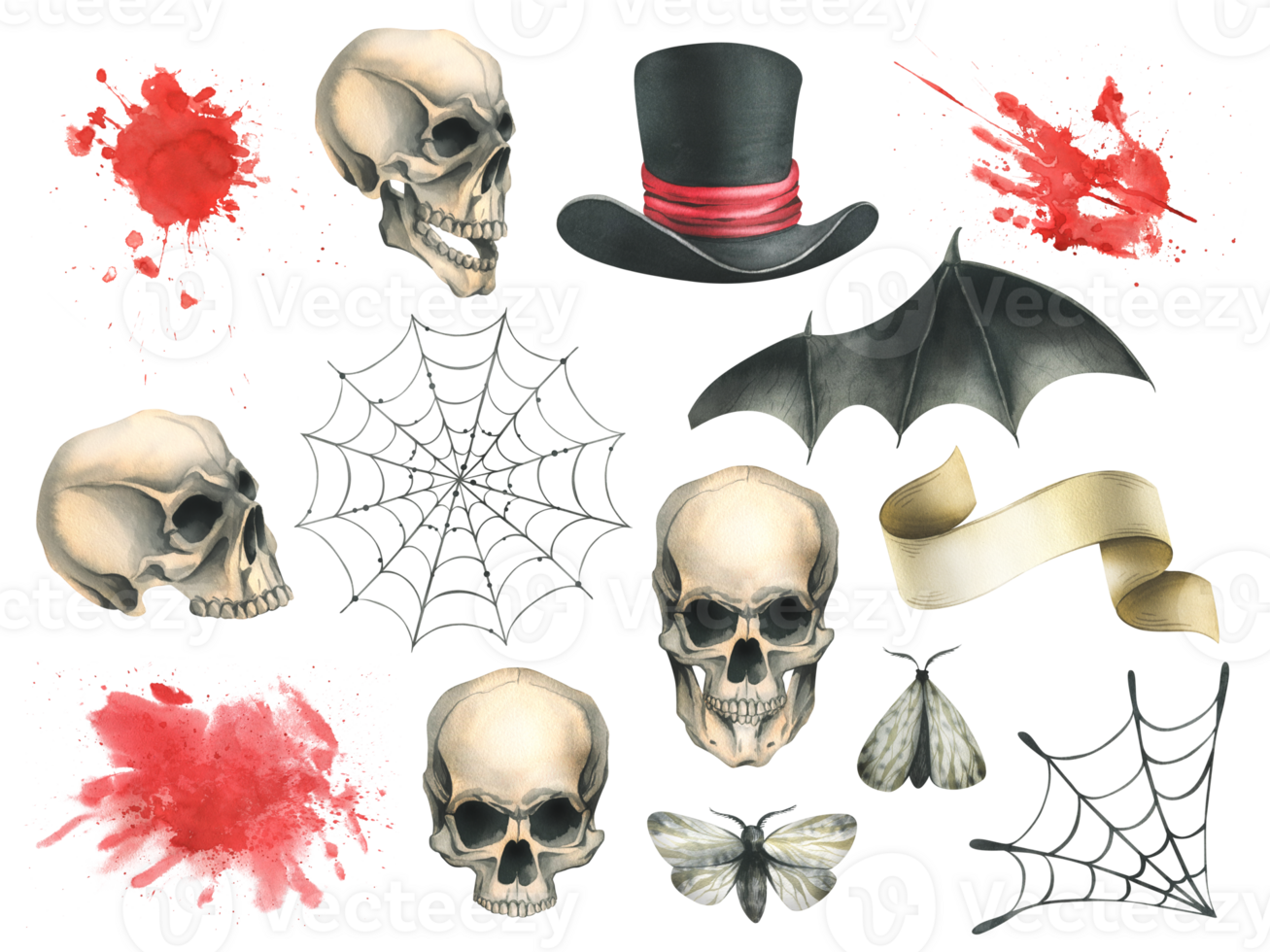 Human skulls with black bat wings, top hat, bloodstains, cobwebs, month and paper scroll for the holiday of Death Day and Halloween. Watercolor illustration, hand drawn. Set of elements. png