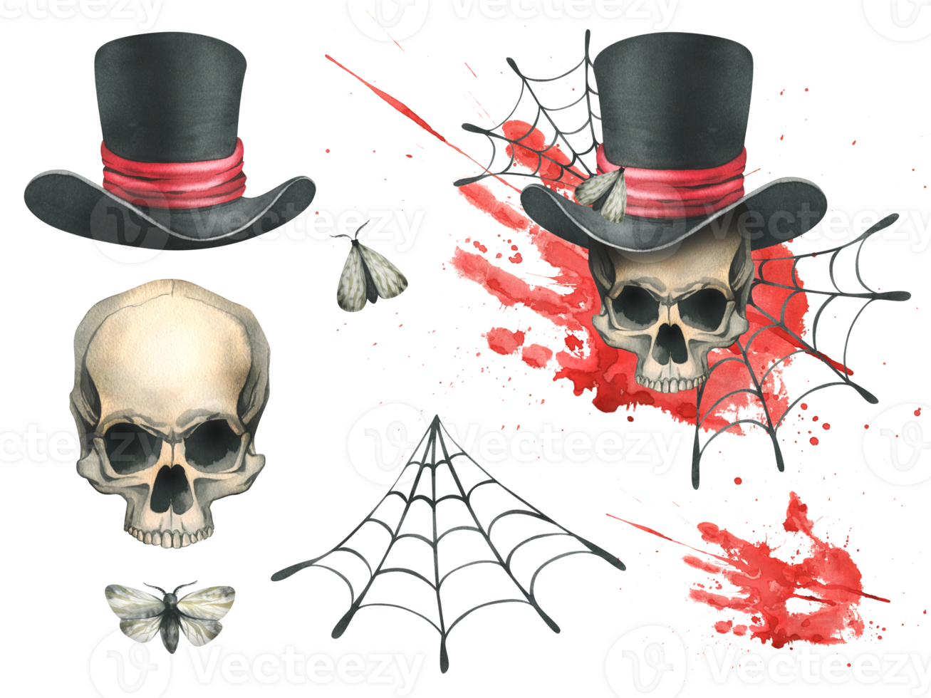 Human skull in a top hat with a moth, bloodstain and cobwebs for the holiday of Death Day and Halloween. Watercolor illustration, hand drawn. Set of isolated elements png