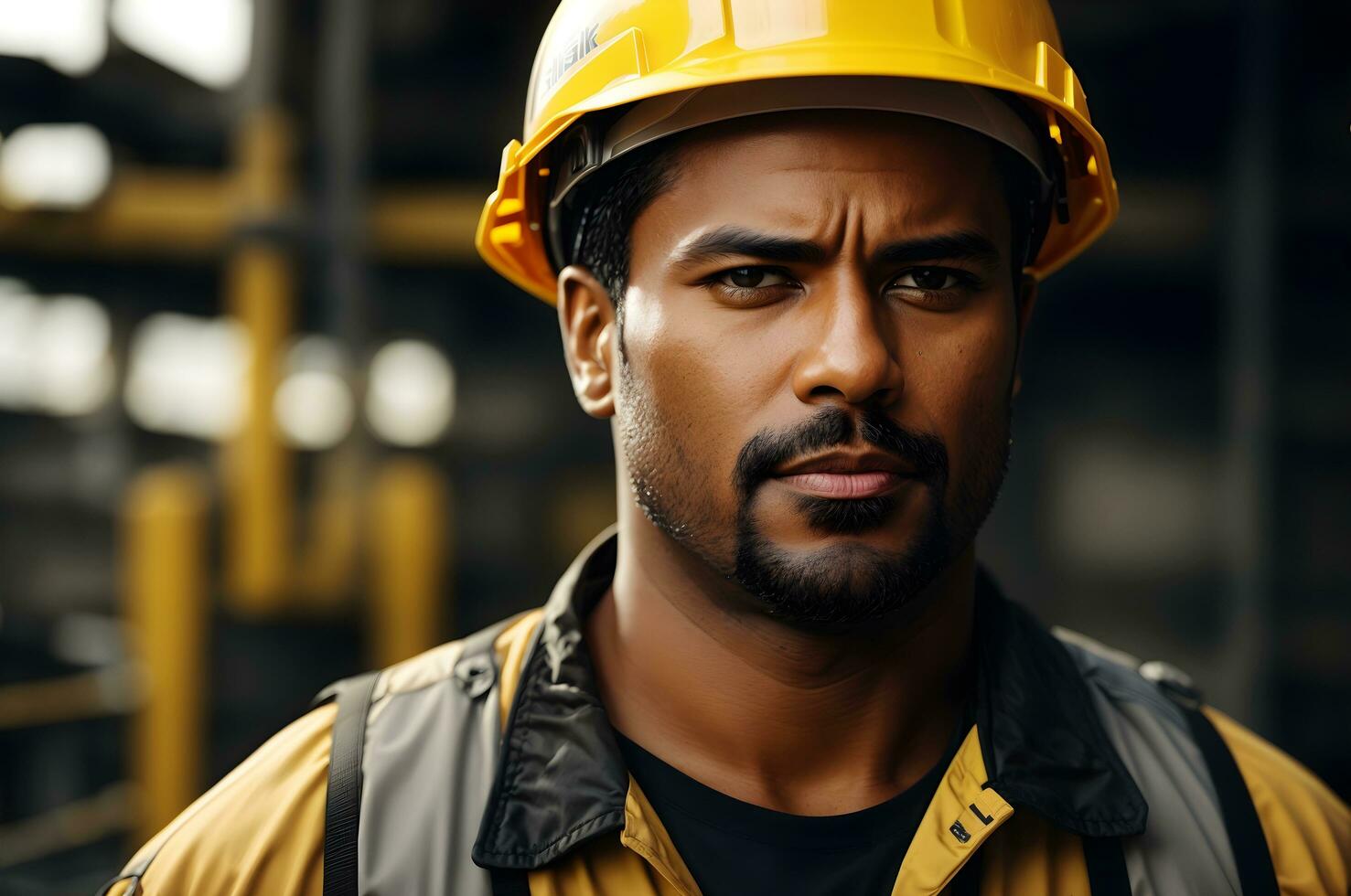 Ai generative Portrait of construction worker, firefighter with yellow helmet photo