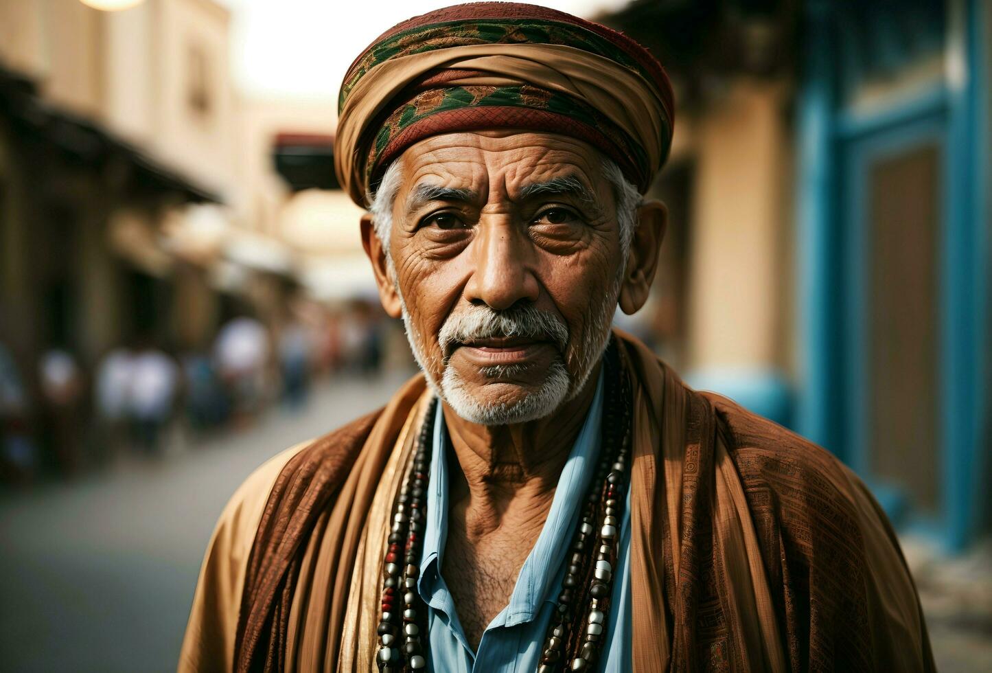 Ai generative Portrait of elderly Egyptian man in traditional clothing style, background, banner with copy space text photo