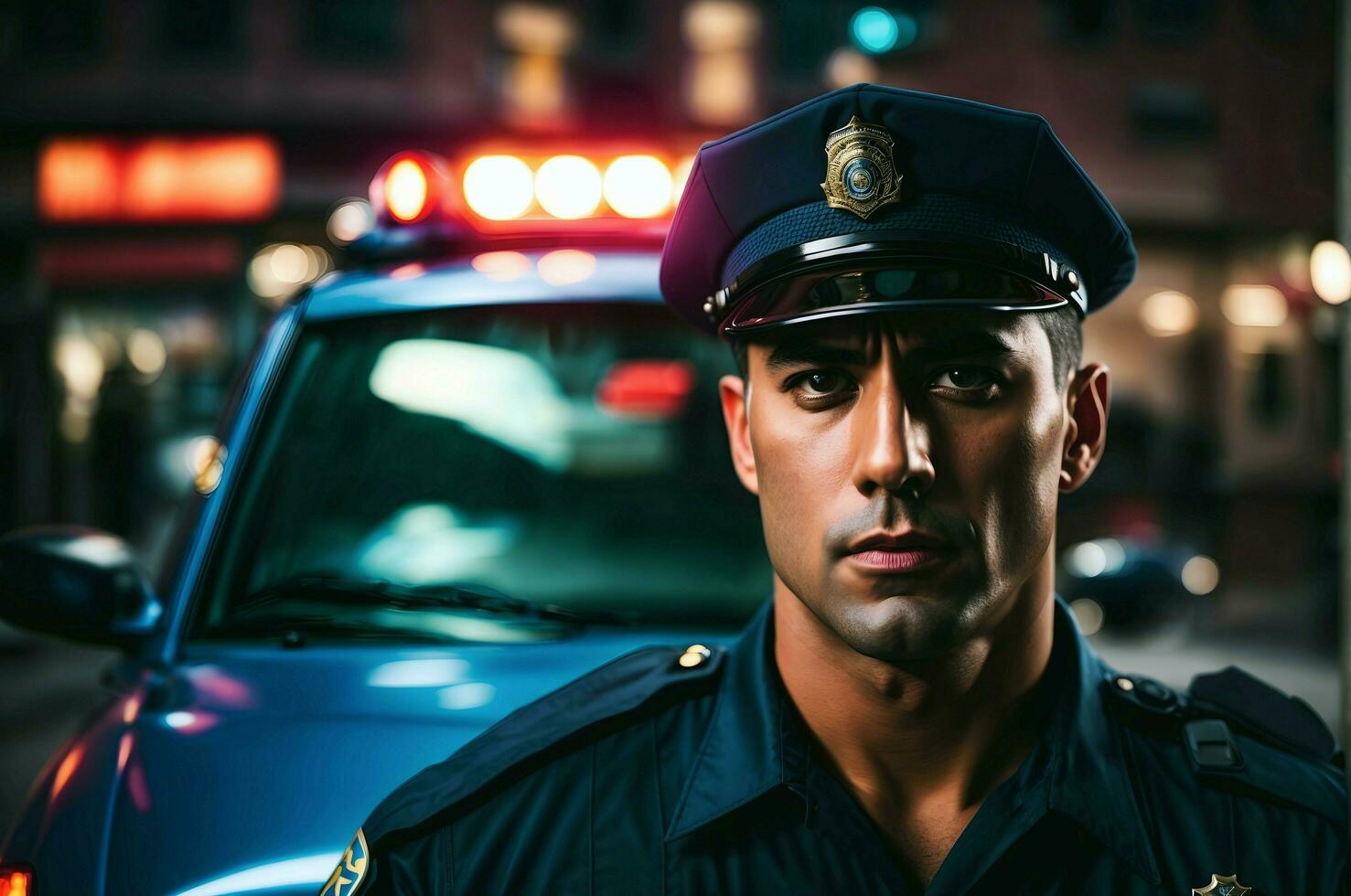 Ai generative Portrait of handsome police officer, police car in background photo
