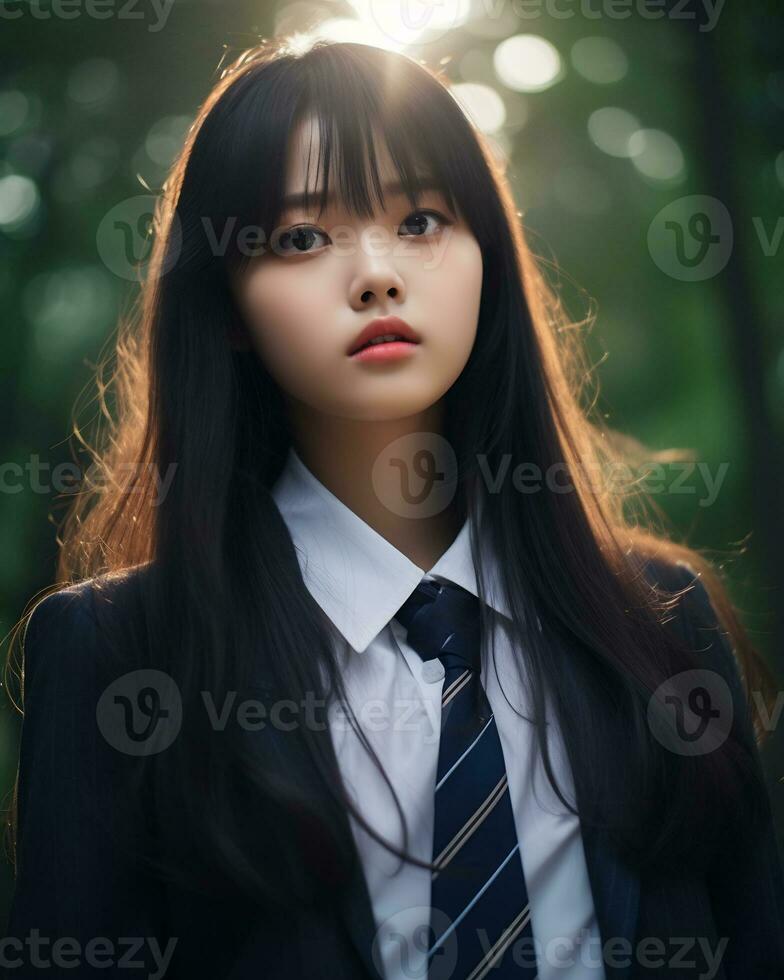 AI Generative Beautiful asian girl wearing black suit shirt and tie photo