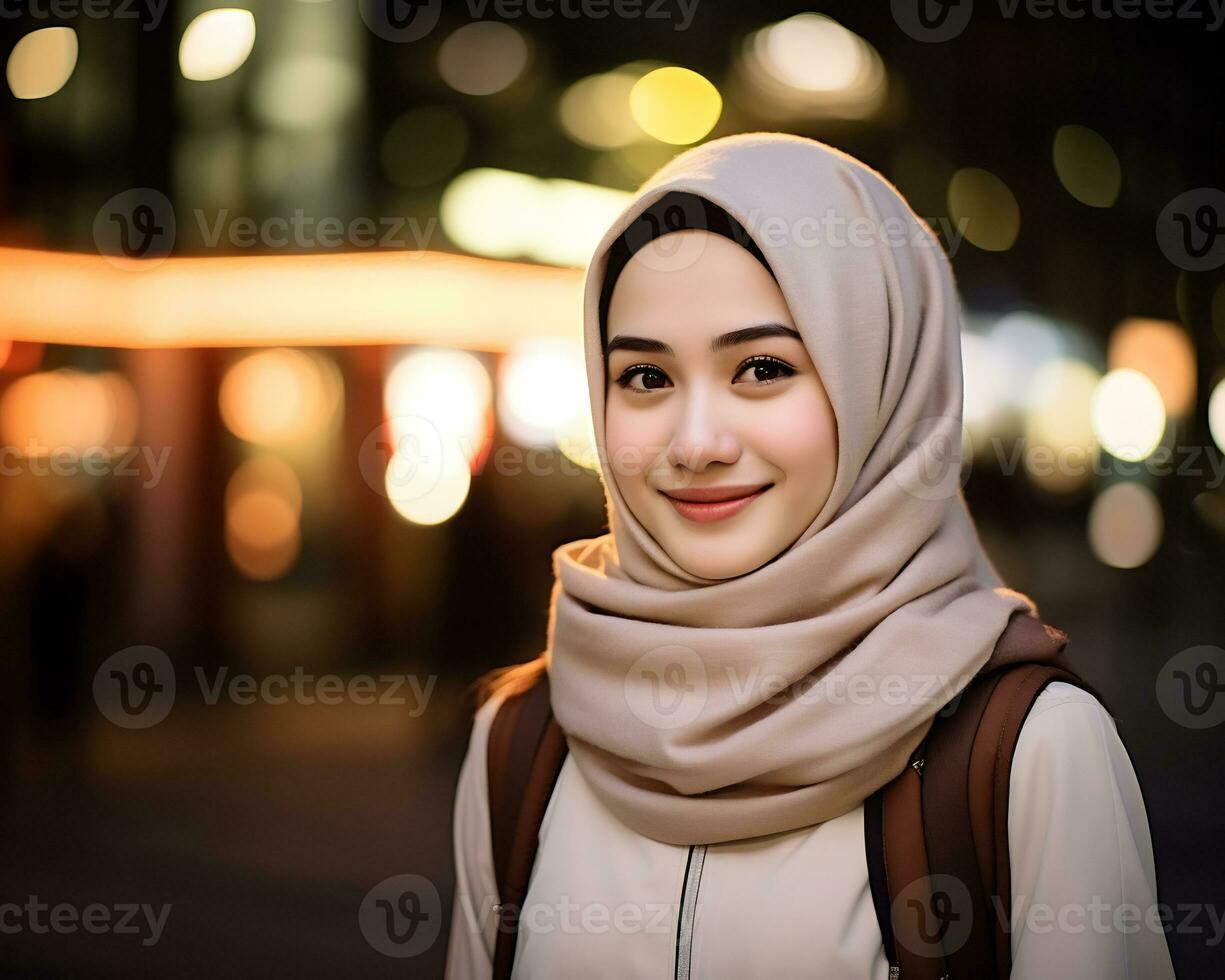 ai generativo hermosa asiático musulmán niña vistiendo hijab foto