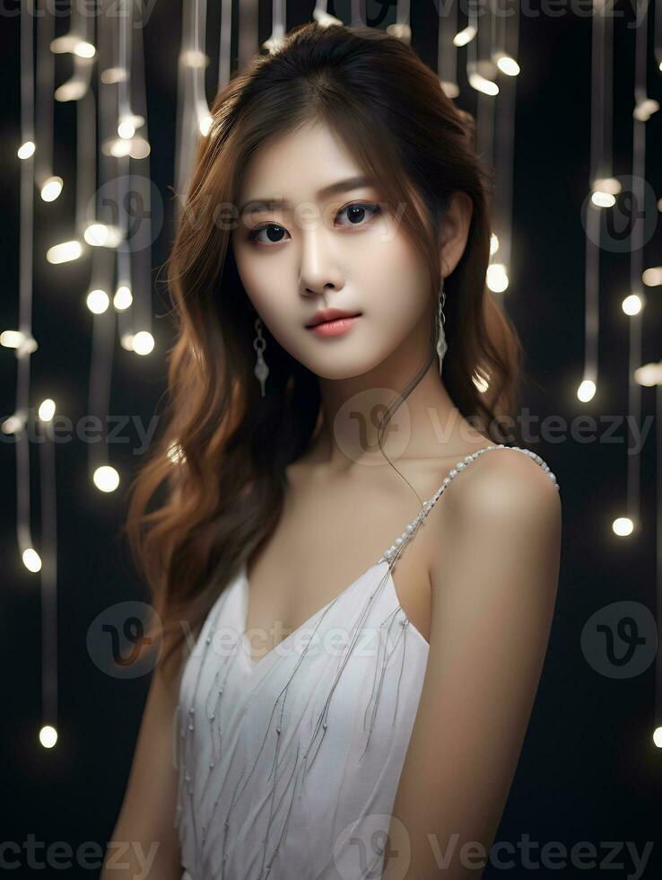AI Generative Beautiful asian girl wearing glamour white dress photo
