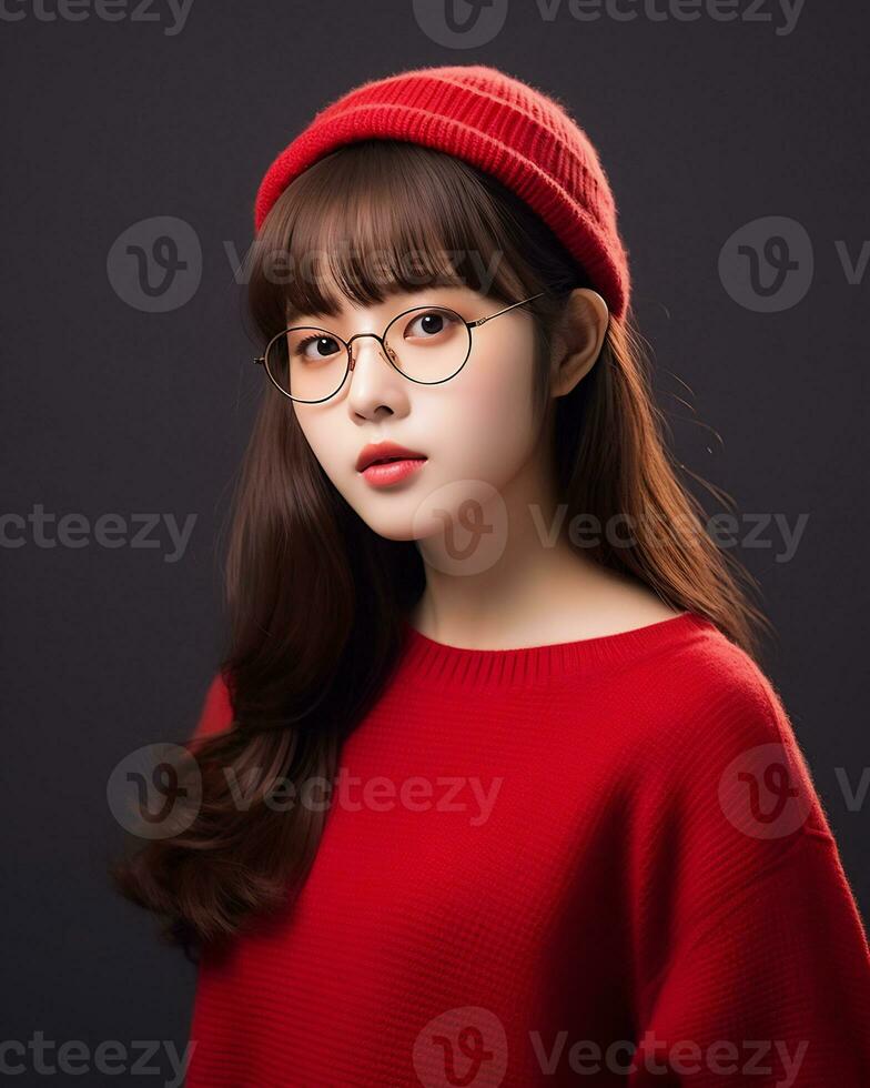 AI Generative Beautiful asian girl wearing red sweater glasses and hat photo