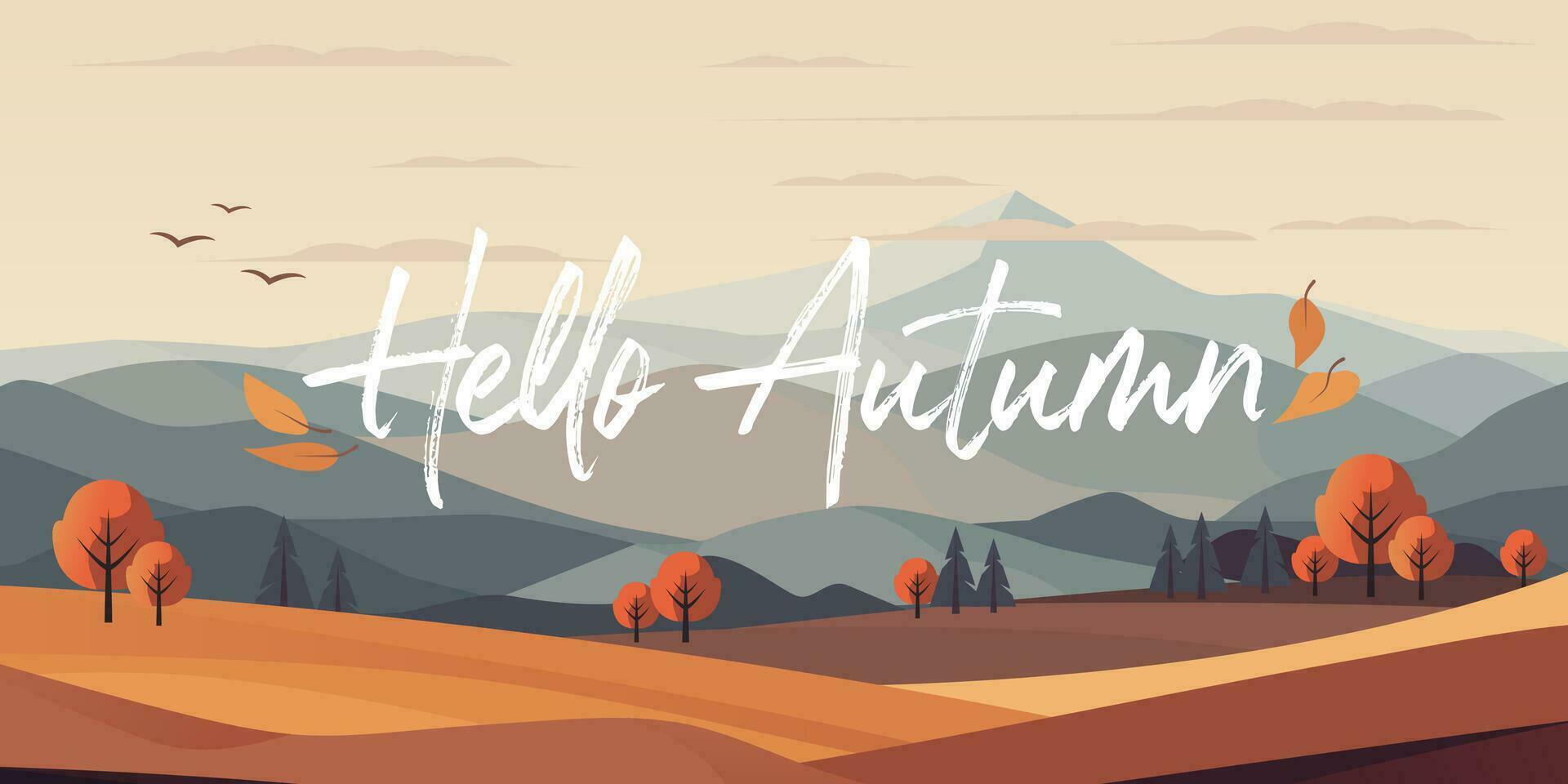 saludar otoño Hola otoño paisaje ilustración. presentando un pintoresco escena con vistoso follaje, laminación sierras, y un sereno cielo, es un Perfecto modelo para estacional pancartas y gráficos no ai vector