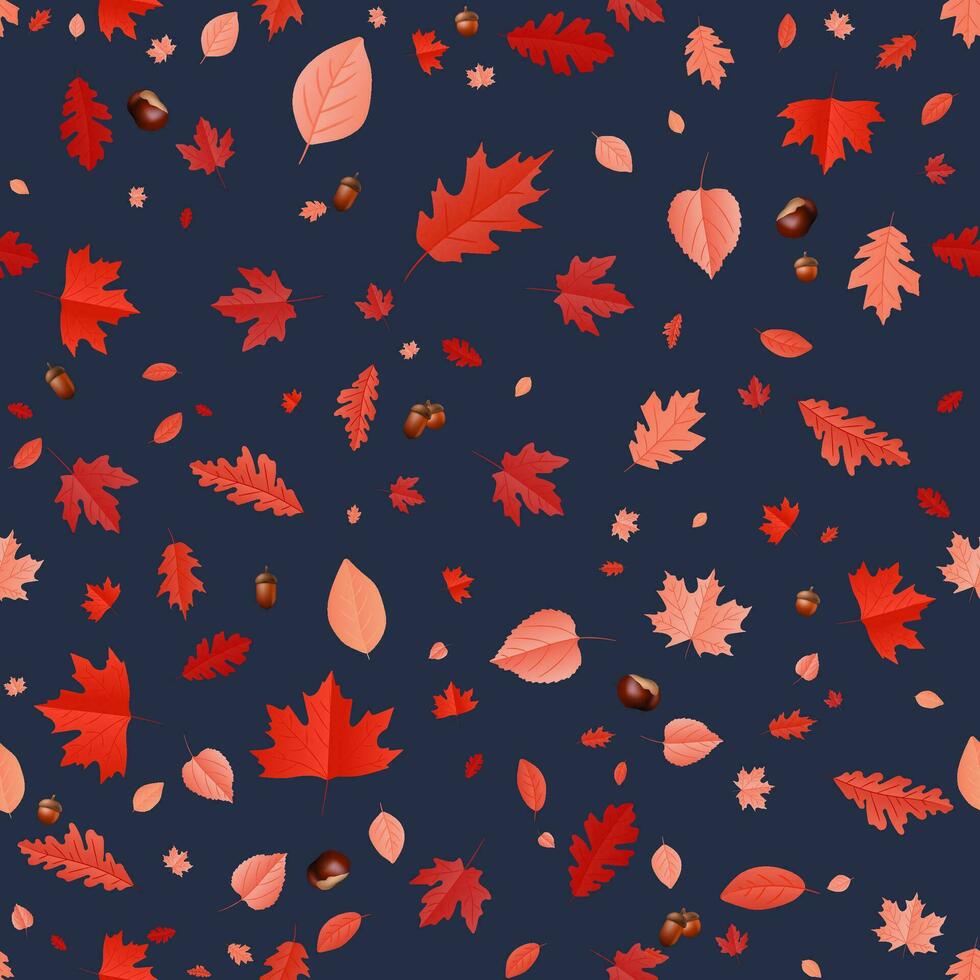 Autumn seamless leaf pattern in retro style. Perfect for banners, cards, and textiles, it features vibrant red, orange, and yellow leaves, acorns against a blue background fall season. Not AI vector