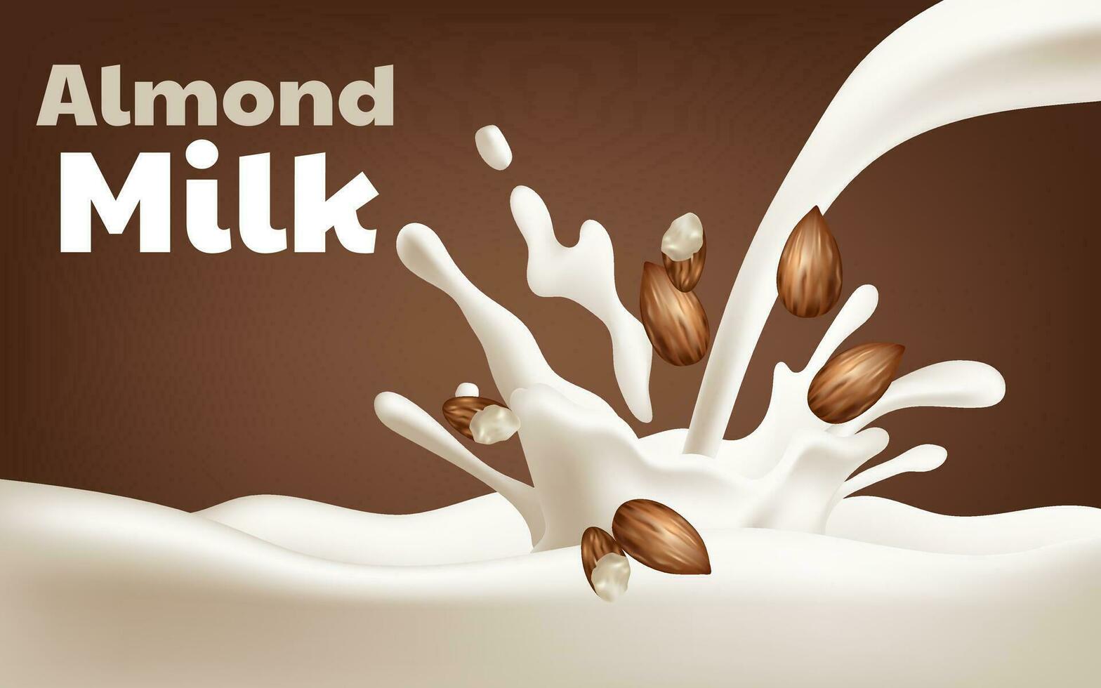 Illustration of fresh almond milk. Realistic dynamic motion of almond milk drops. Ideal for promoting healthy and delicious alternatives in advertisements or packaging. Not AI generated. vector