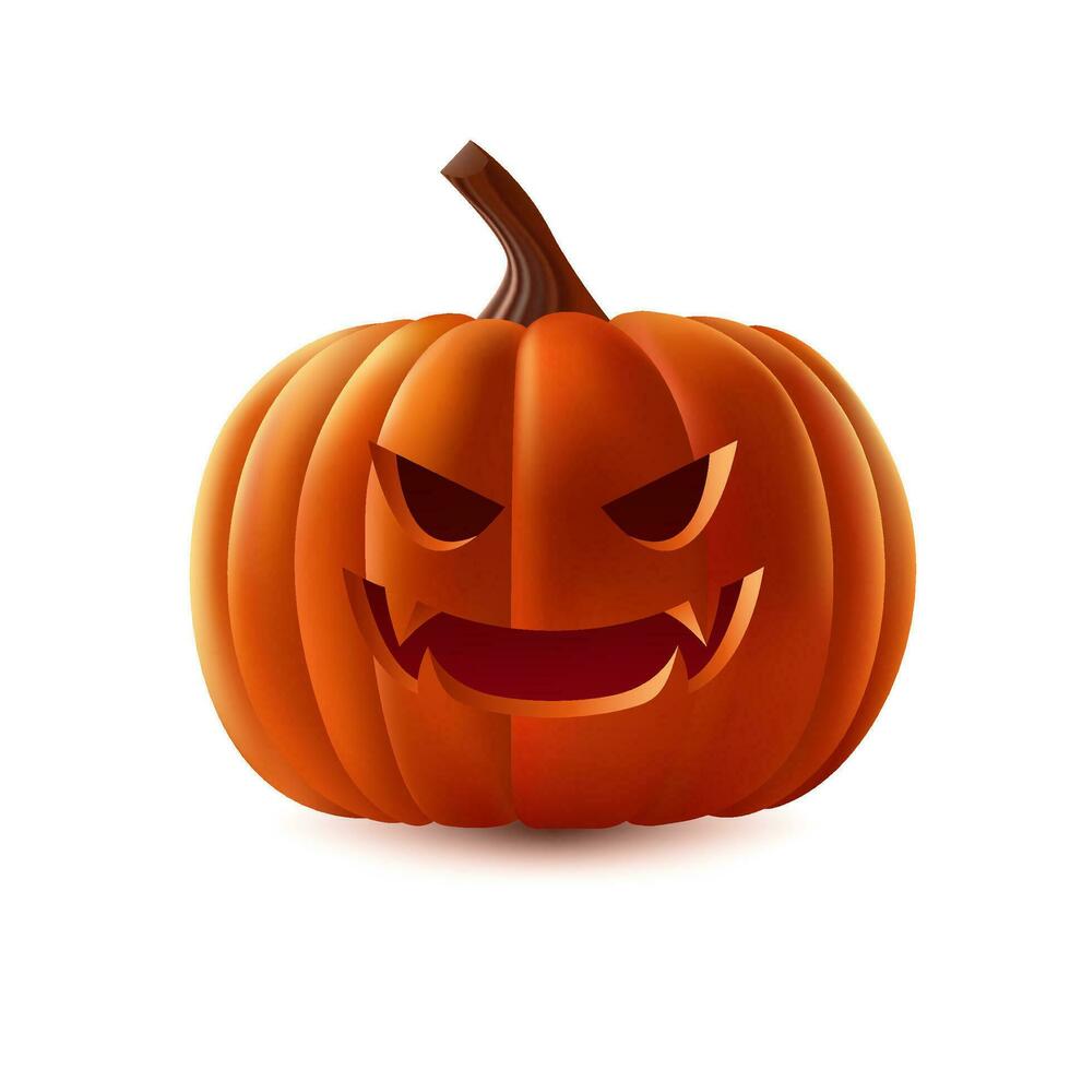 Isolated 3d realistic pumpkin vector illustration. This expressive and spooky carved pumpkin is ideal for holiday decorations and symbols. Not AI generated.