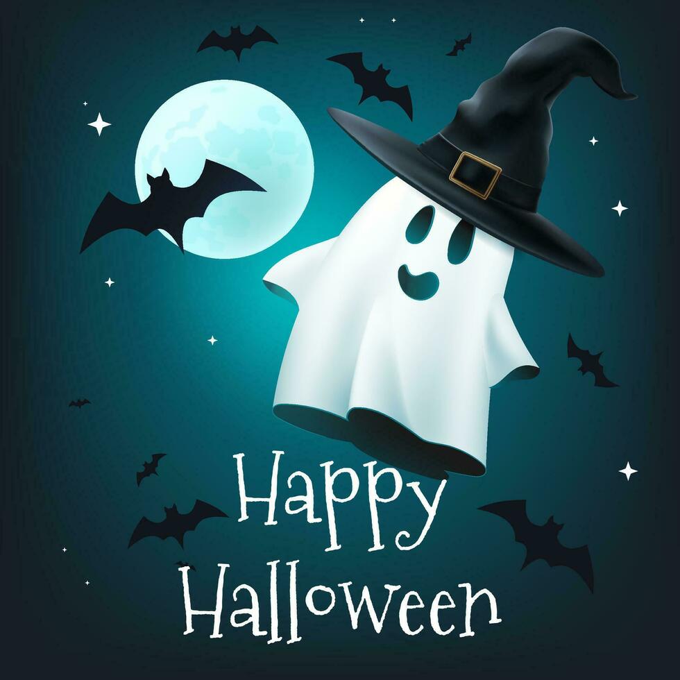 Celebrate Happy Halloween with this spooky vector illustration banner. A full moon, ghost in a witch hat, bats, haunting scene make it perfect for banners and posters. Starry sky Not AI generated.