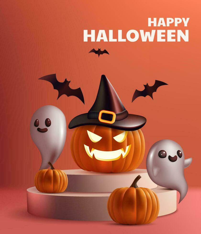 Happy Halloween showcase minimalistic stage with an orange backdrop and 3d pumpkin, ghost, bats. Product presentations and holiday promotions, spooky elegance design. Not AI vector