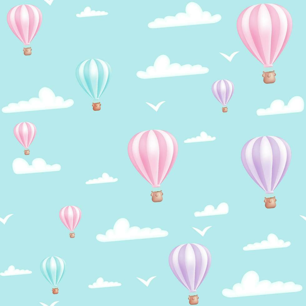 A seamless pattern featuring a cheerful sky, balloons, birds and clouds, perfect for a playful and colorful design. Ideal for children decor and more. Not AI generated. vector