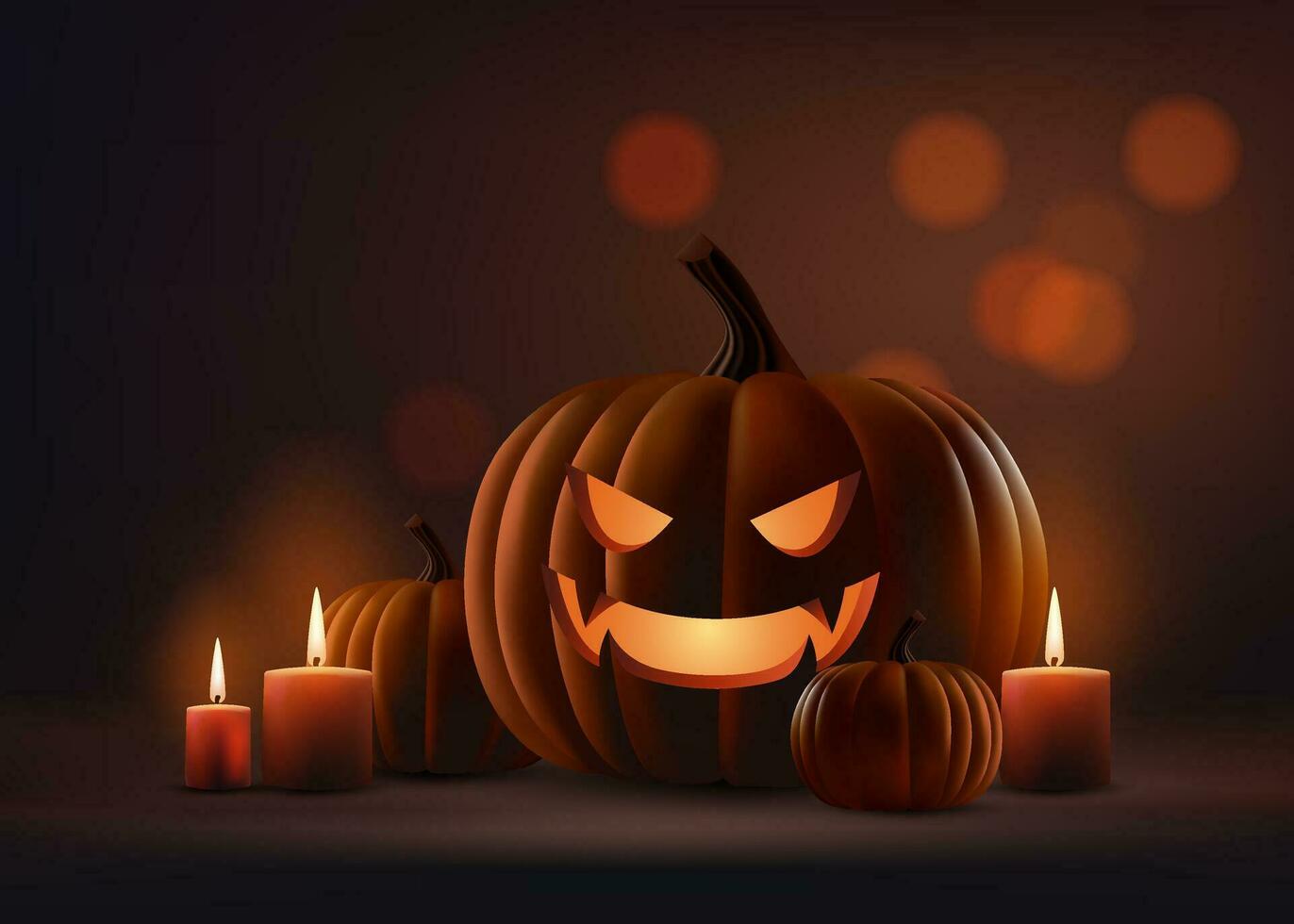 Realistic vector illustration of spooky Halloween scene with a dark background, eerie candlelight, and an illuminated jack o lantern. Perfect for invitations, posters, and party decorations Not AI