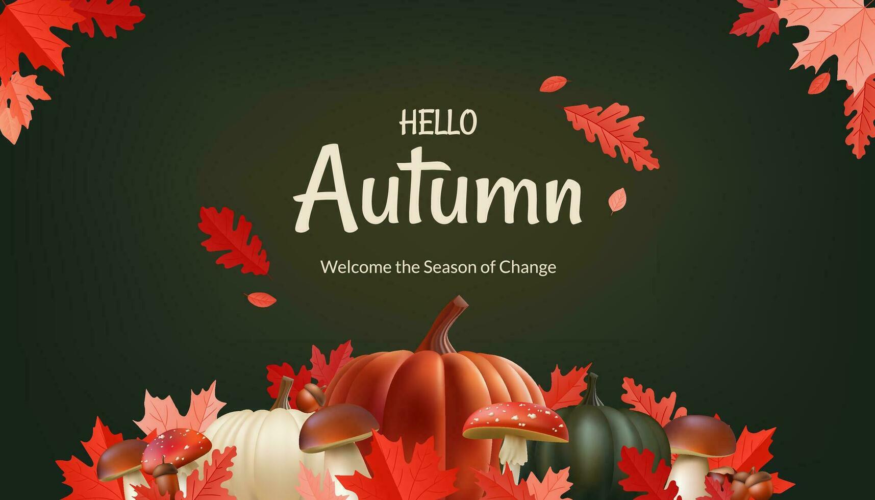 Banner Hello Autumn. Featuring realistic illustrations of leaves, pumpkins, mushrooms, acorns, chestnut, it's perfect for creating a warm and seasonal atmosphere. Not AI generated. vector