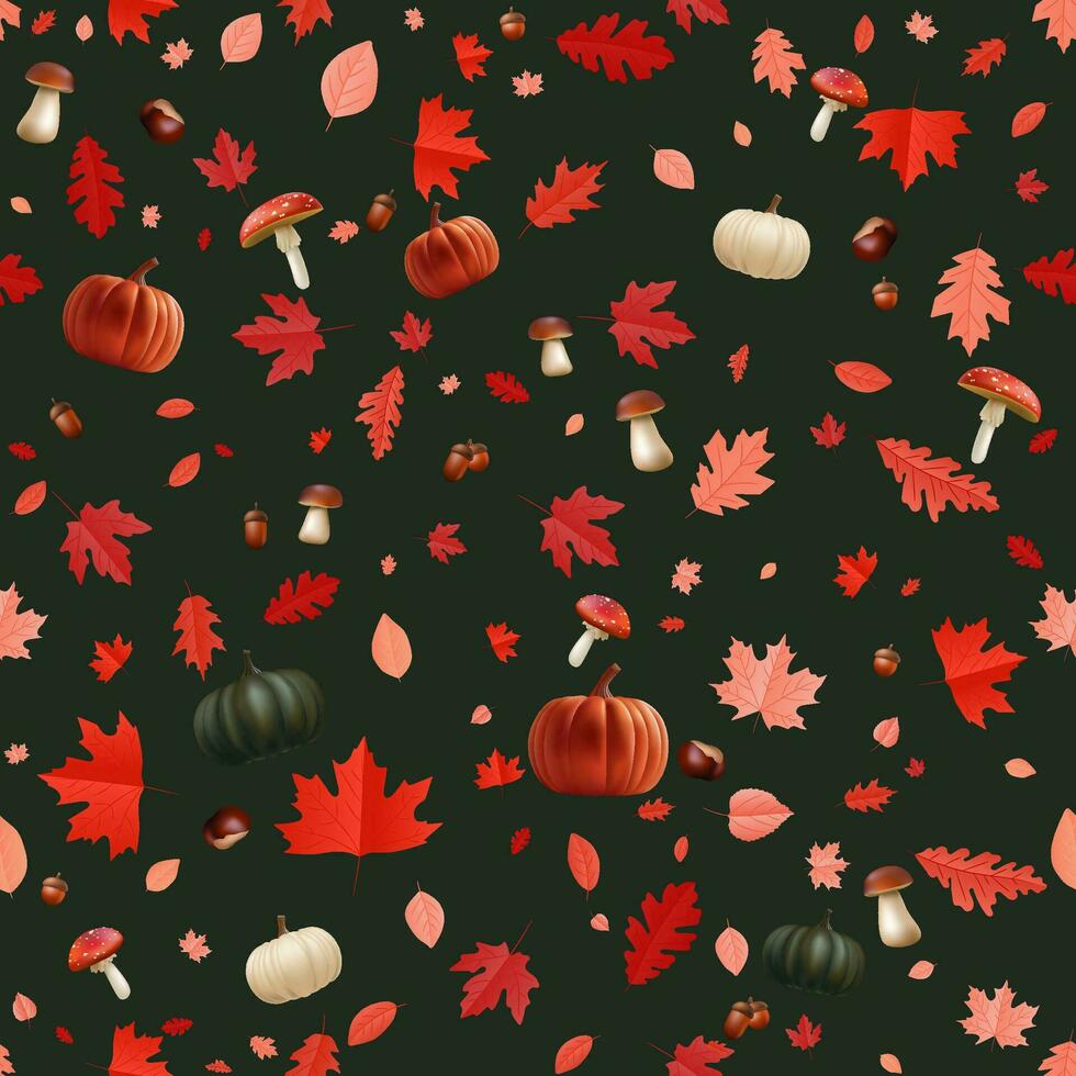 Autumn seamless pattern of leaf, pumpkin. Perfect for banners, cards, and textiles, it features vibrant red, orange, and yellow leaves, acorns, mushrooms against a blue background fall season. Not AI vector