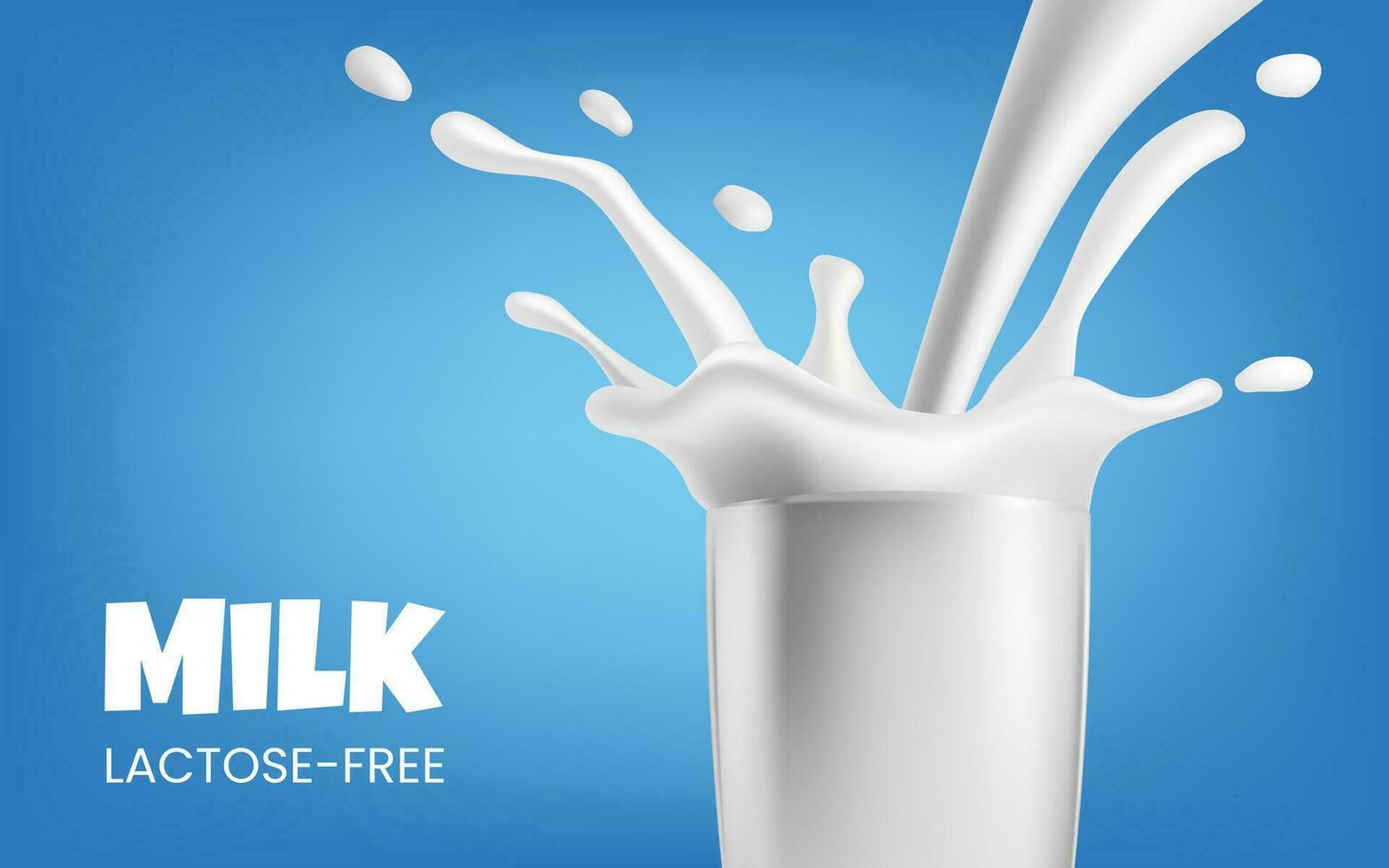 Realistic illustration of a glass filled with fresh and healthy lactose free milk. Milk flow into glass with flying drops. For promoting dairy products in a natural and organic way. Not AI generated. vector