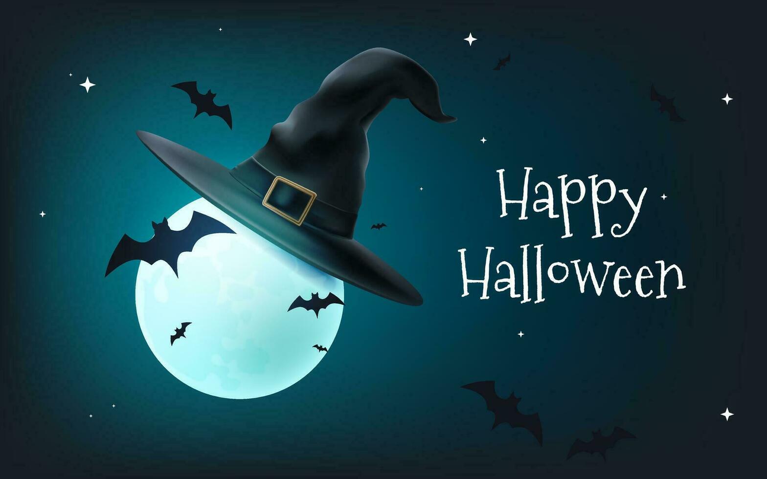 Celebrate Happy Halloween with this spooky vector illustration banner. A full moon in a witch hat, bats, and a haunting scene make it perfect for banners and posters. Starry sky Not AI generated.