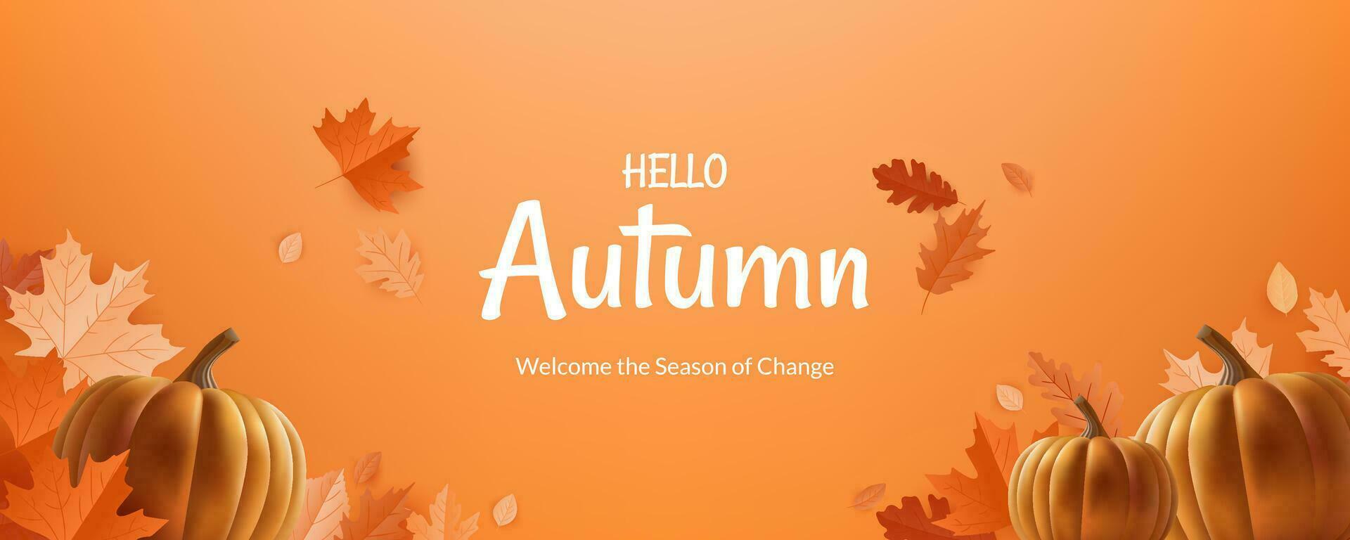 Autumn design orange horizontal banner Hello Autumn. With realistic illustrations of leaves and pumpkins, it's perfect for creating cozy and inviting designs for the fall season. Not AI generated. vector