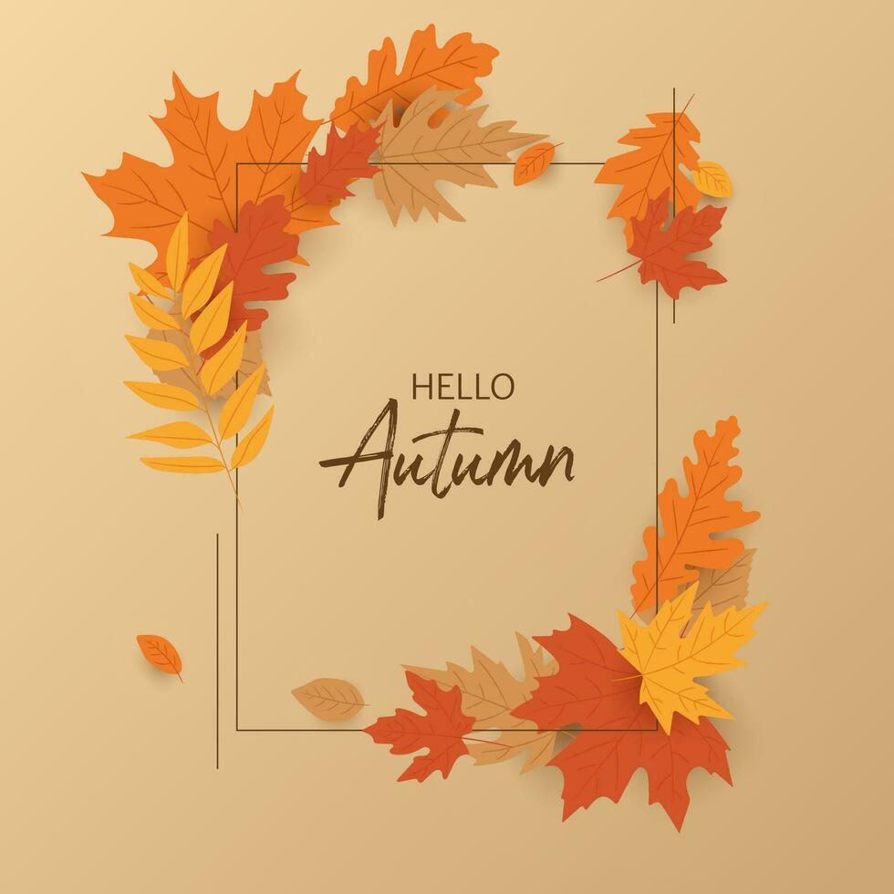 Hello autumn design with nature inspired vector illustration. Featuring vibrant foliage of oak, maple, it's perfect for creating posters, banners, and cards for the fall season. Not AI generated.