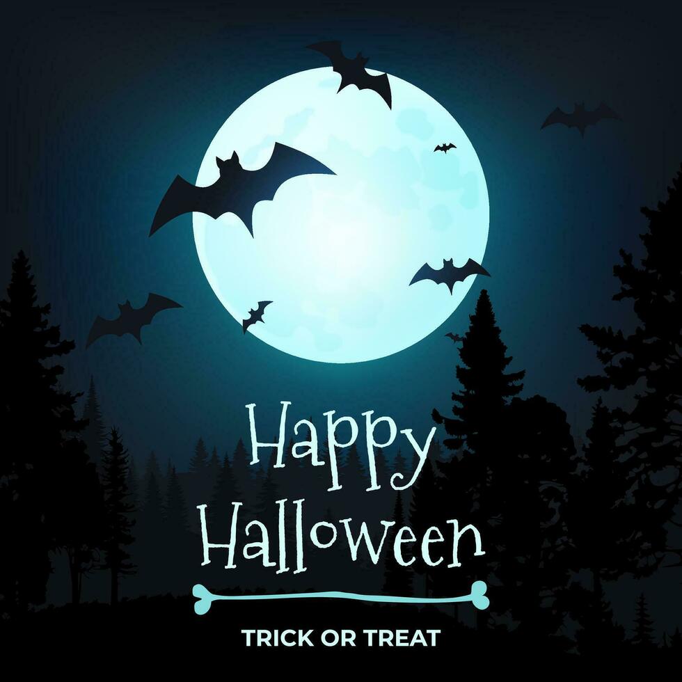 Eerie atmosphere of Happy Halloween vector banner illustration. A spooky moonlit night featuring a haunting tree, bats, and a full moon. Perfect for party invitations and posters. Not AI generated.