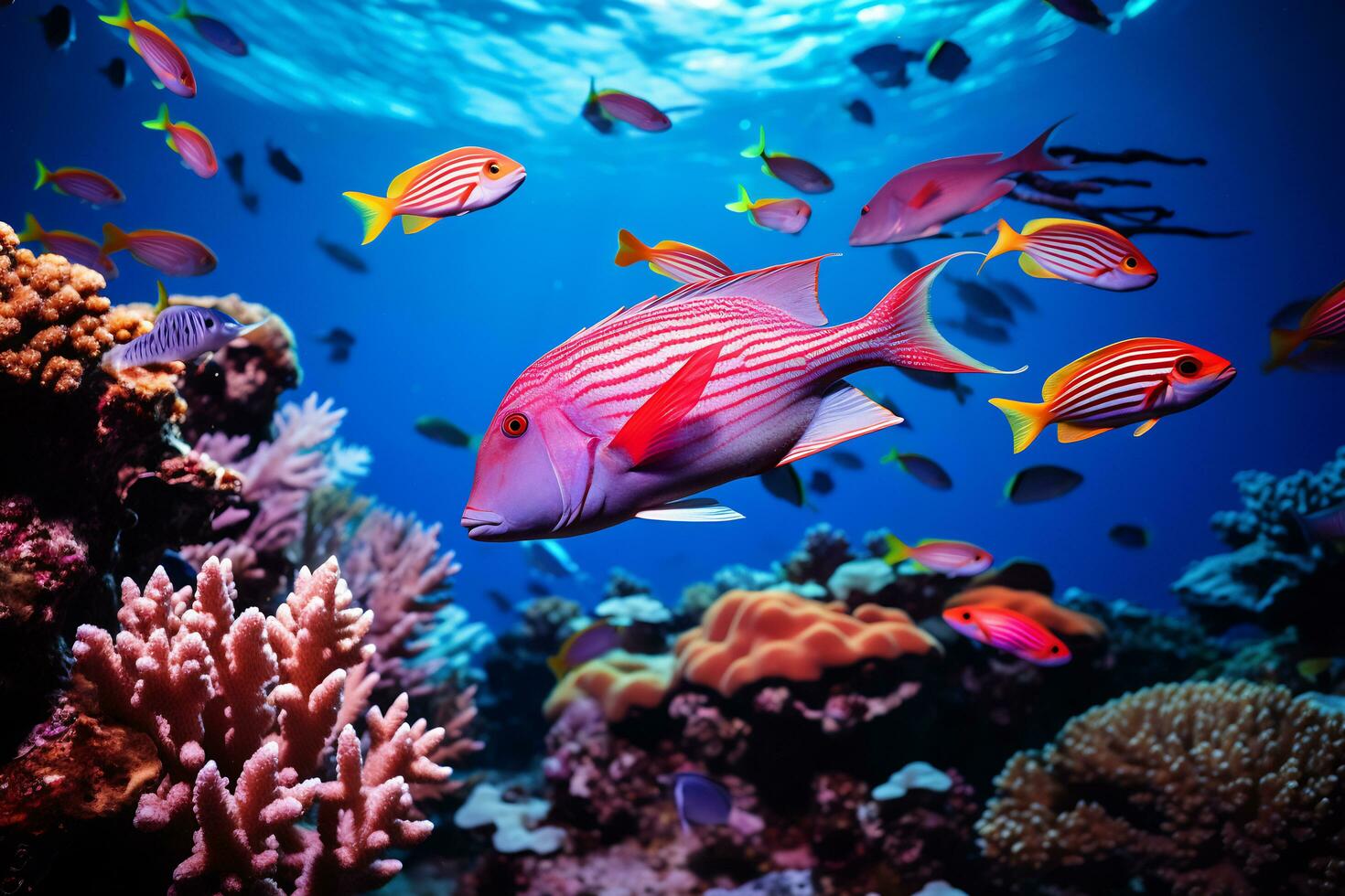 AI Generative of a school of colorful fish swimming around a coral reef photo