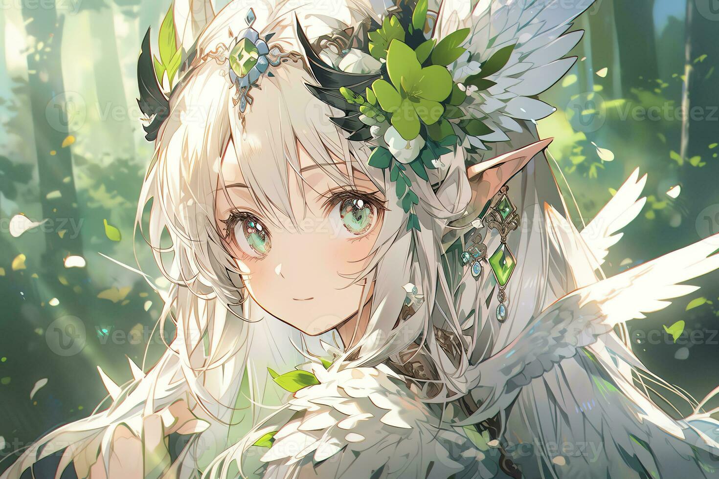 AI Generative forest elf with wing and beautiful eyes in anime style photo