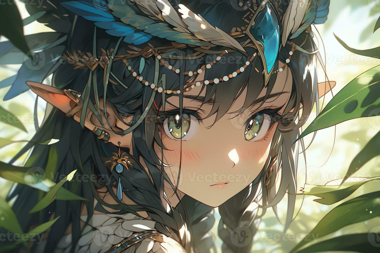 AI Generative forest elf with wing and beautiful eyes in anime style photo