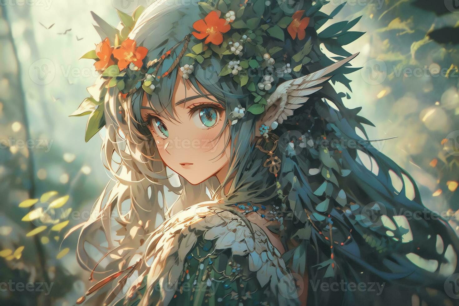 AI Generative forest elf with wing and beautiful eyes in anime style photo