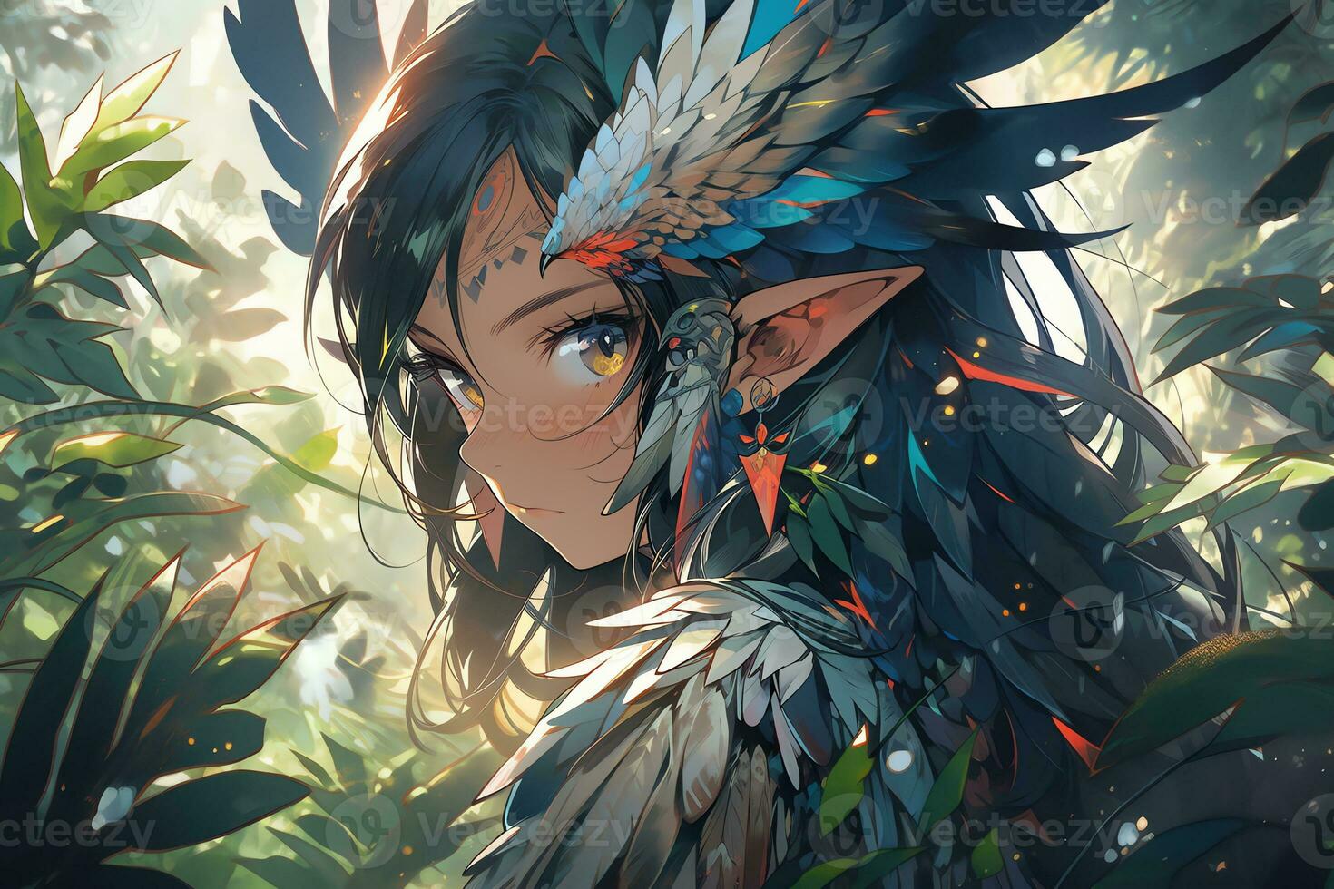 AI Generative forest elf with wing and beautiful eyes in anime style photo