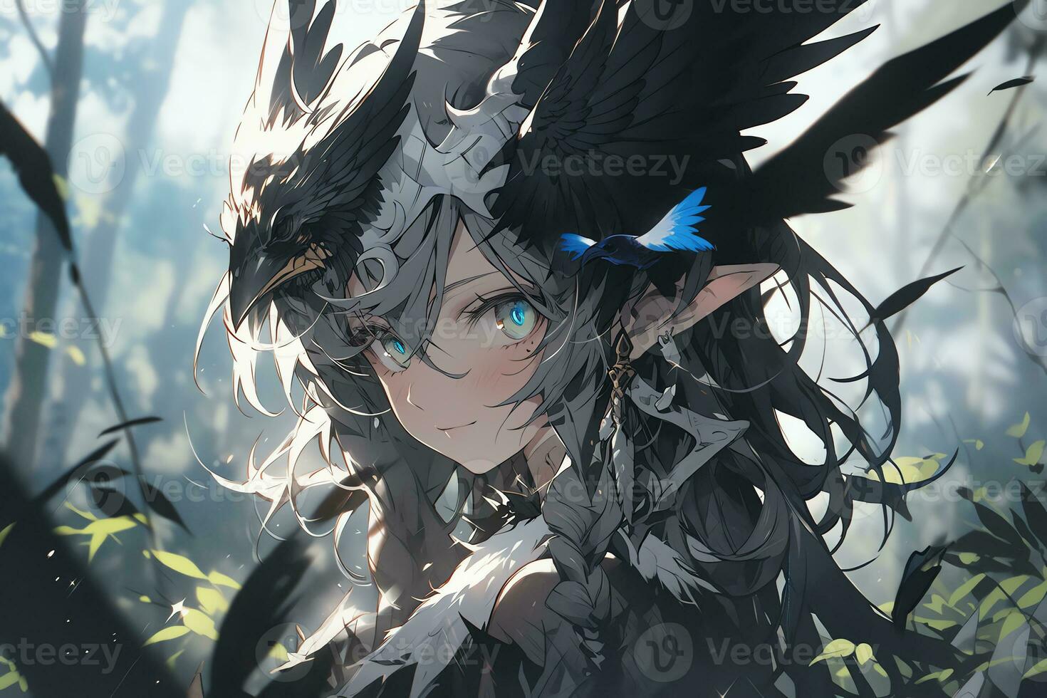 AI Generative forest elf with wing and beautiful eyes in anime style photo