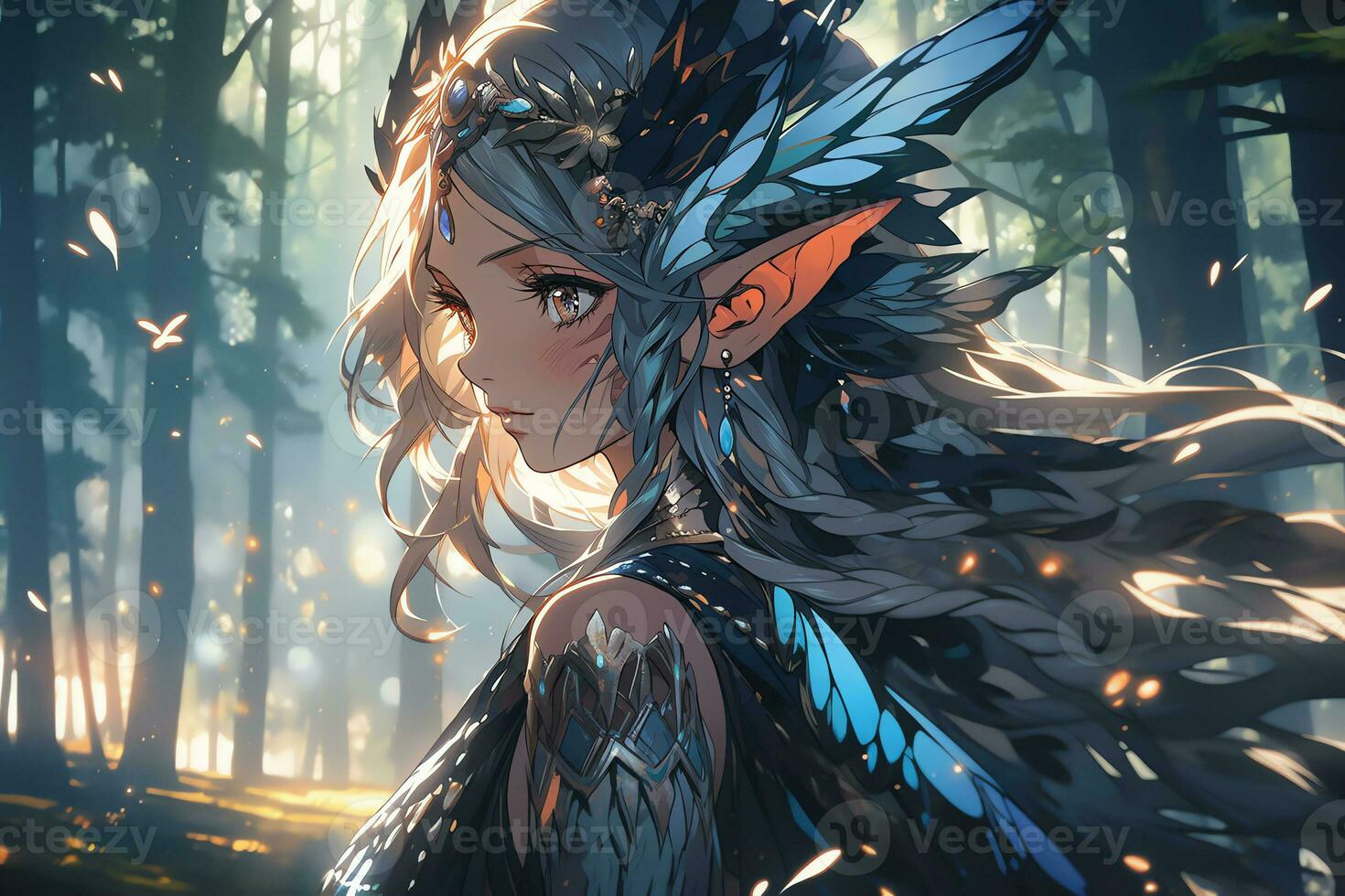 AI Generative forest elf with wing and beautiful eyes in anime style photo