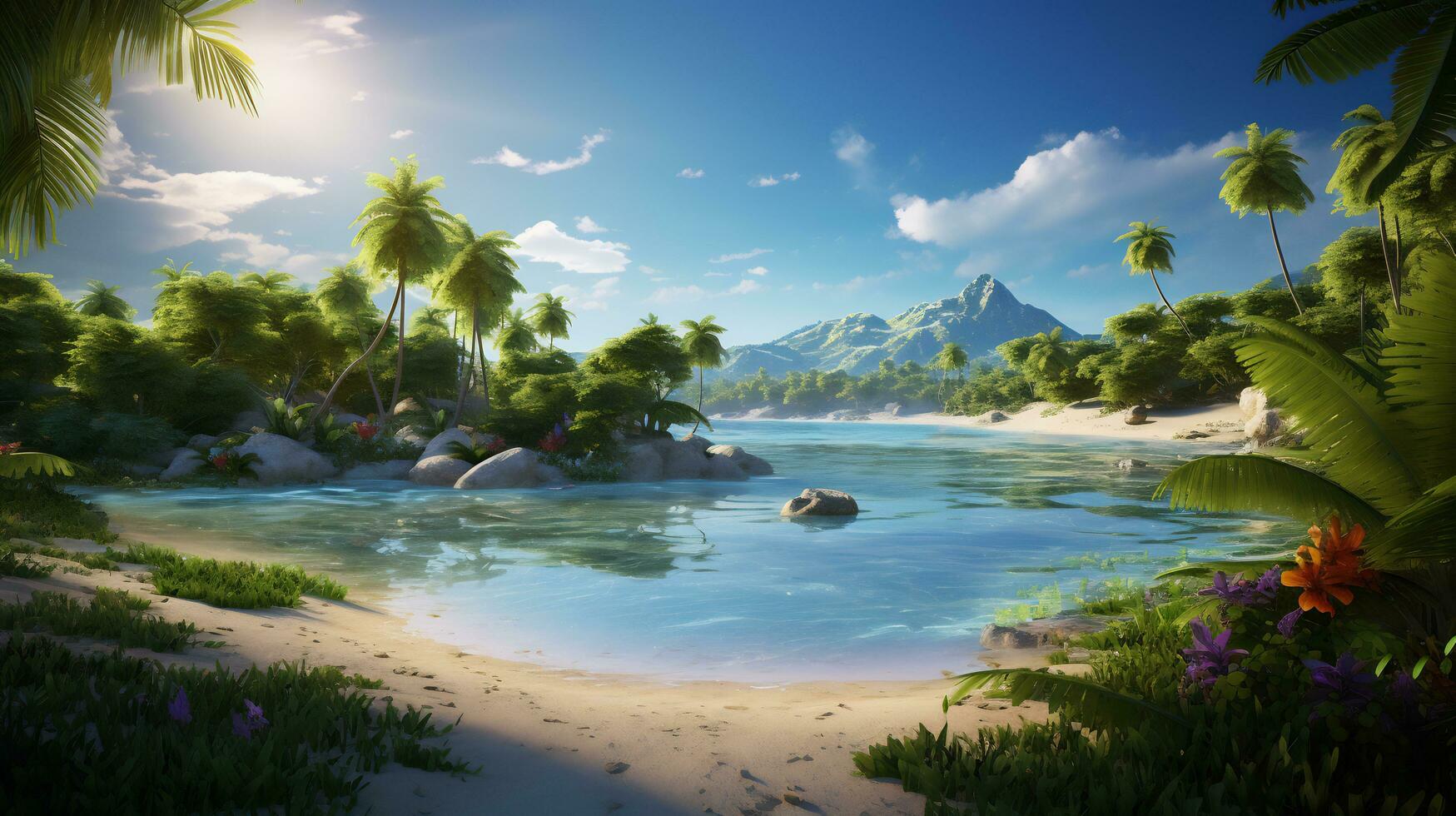 AI Generative images of tropical paradises with palm fringed beach photo
