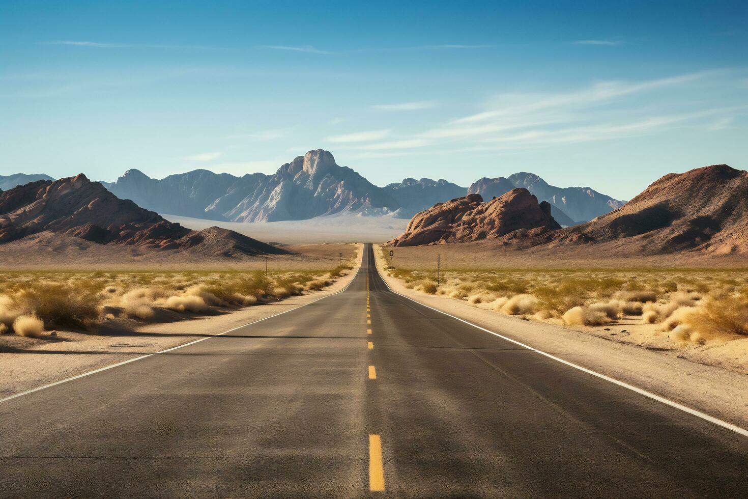 AI Generative Straight road in the desert with mountain backdrop photo