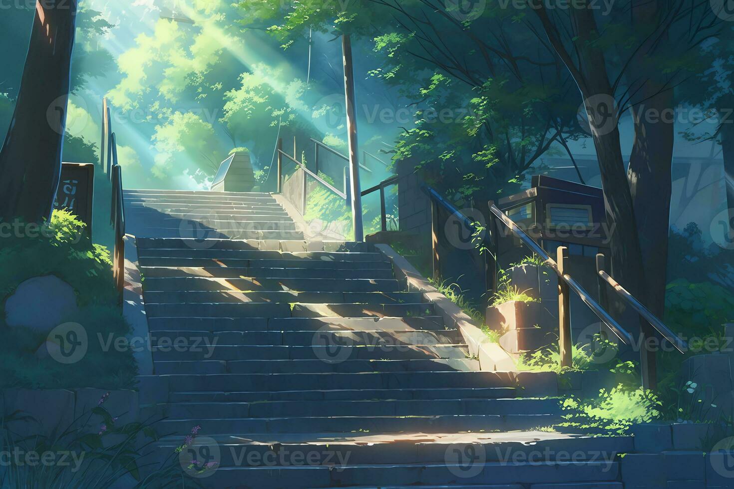 AI Generative image of magical forest scene with lush greenery with anime style photo