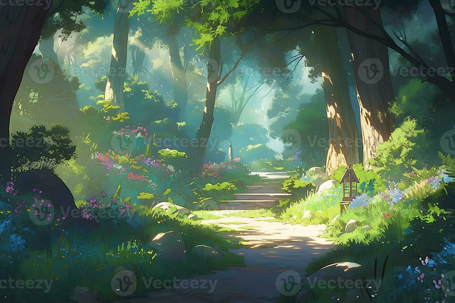 AI Generative image of magical forest scene with lush greenery with anime style photo