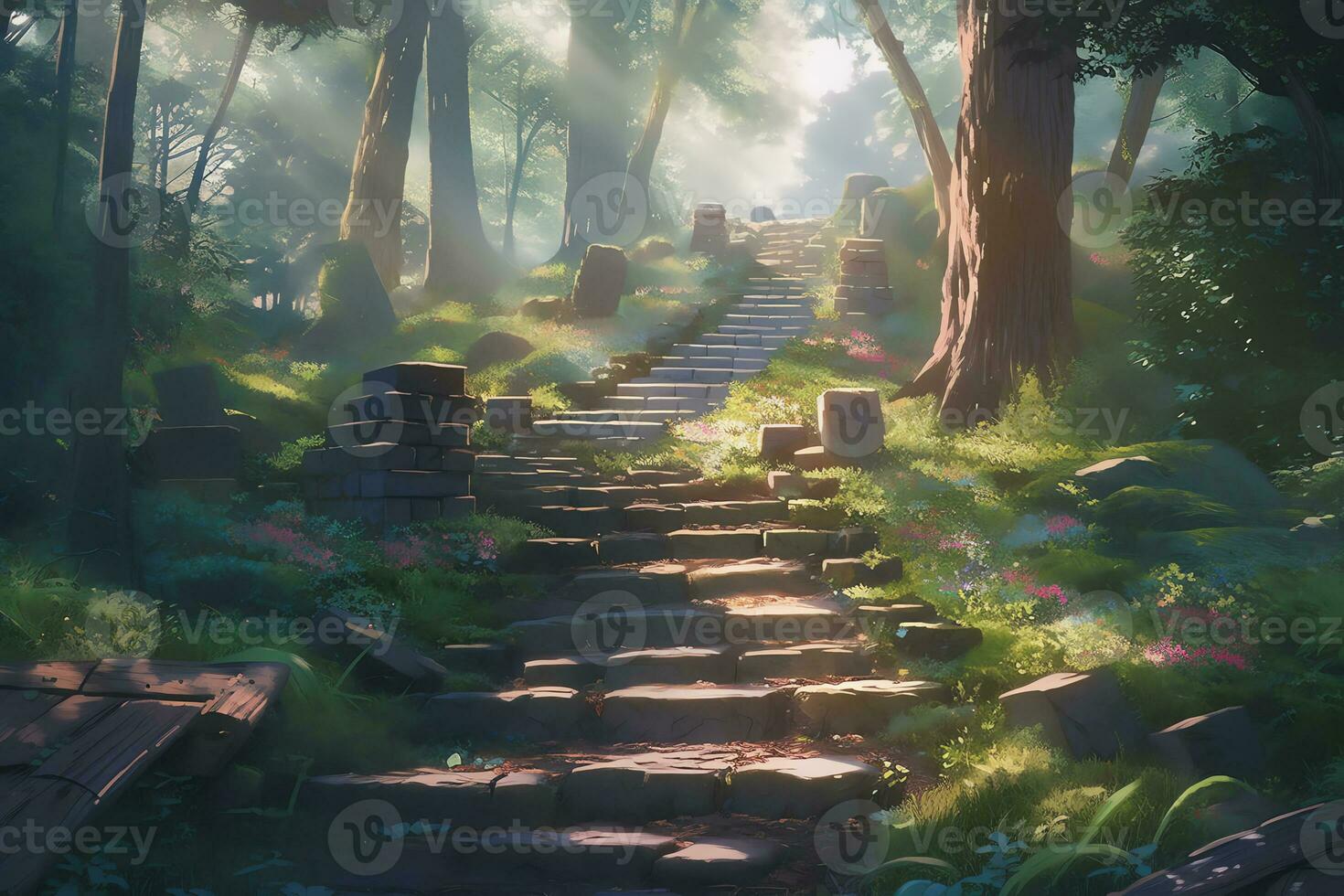 AI Generative image of magical forest scene with lush greenery with anime style photo