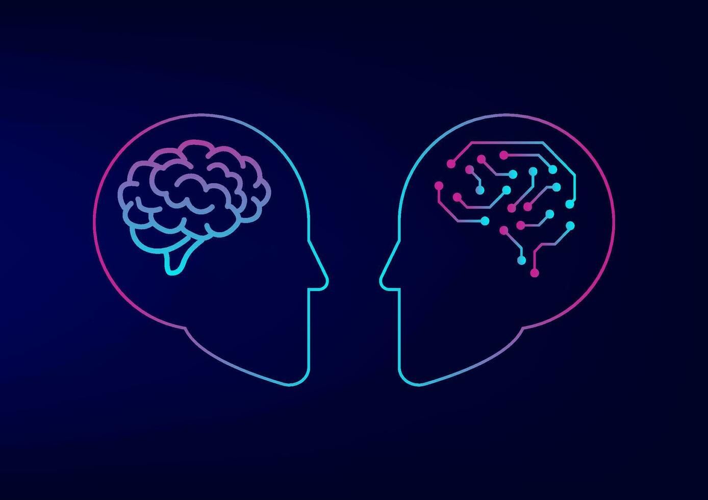 Artificial intelligence concept. Face to face of human and robot or cybog on blue background. Innovation and technology, industrial. Data analysis, digital brain and human brain. vector