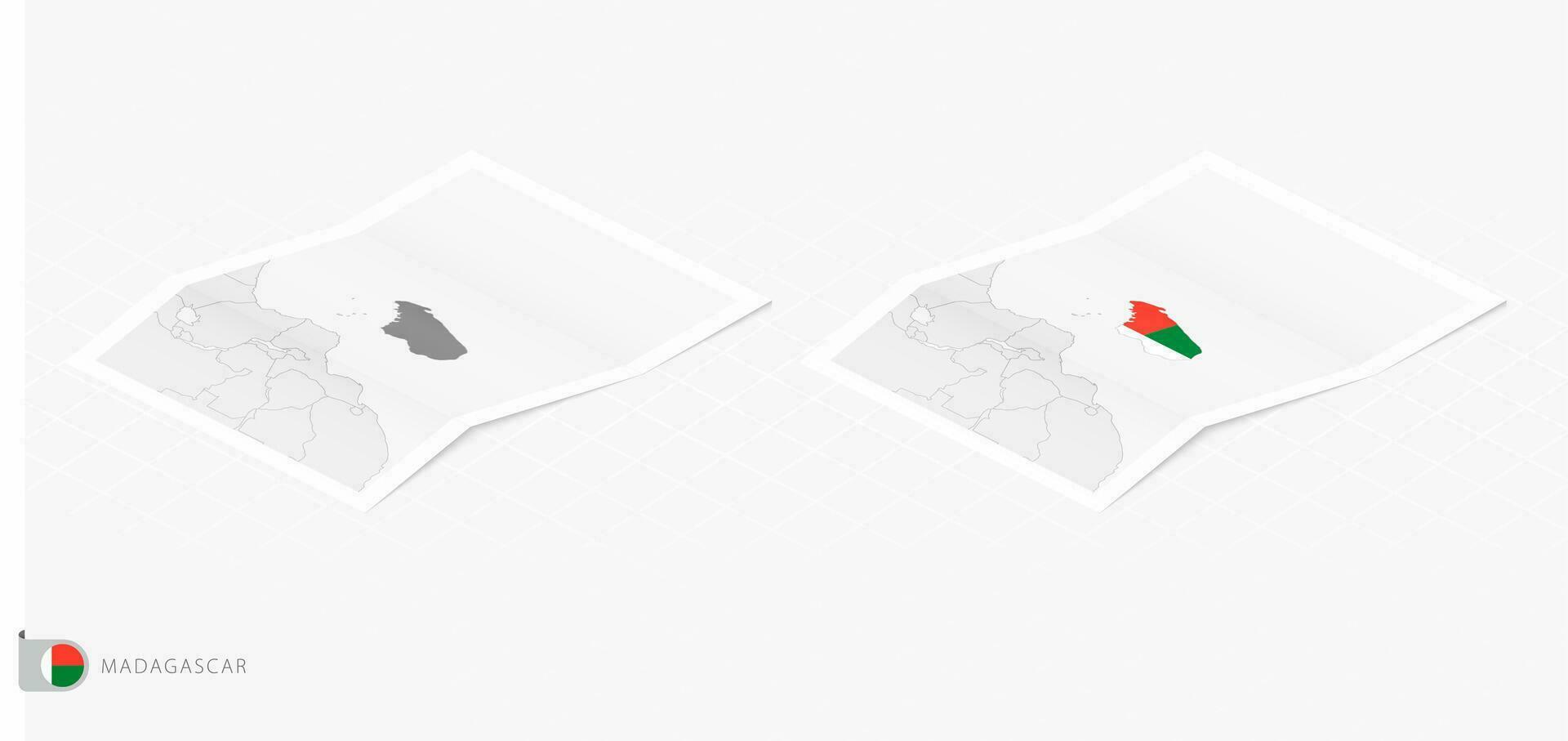 Set of two realistic map of Madagascar with shadow. The flag and map of Madagascar in isometric style. vector