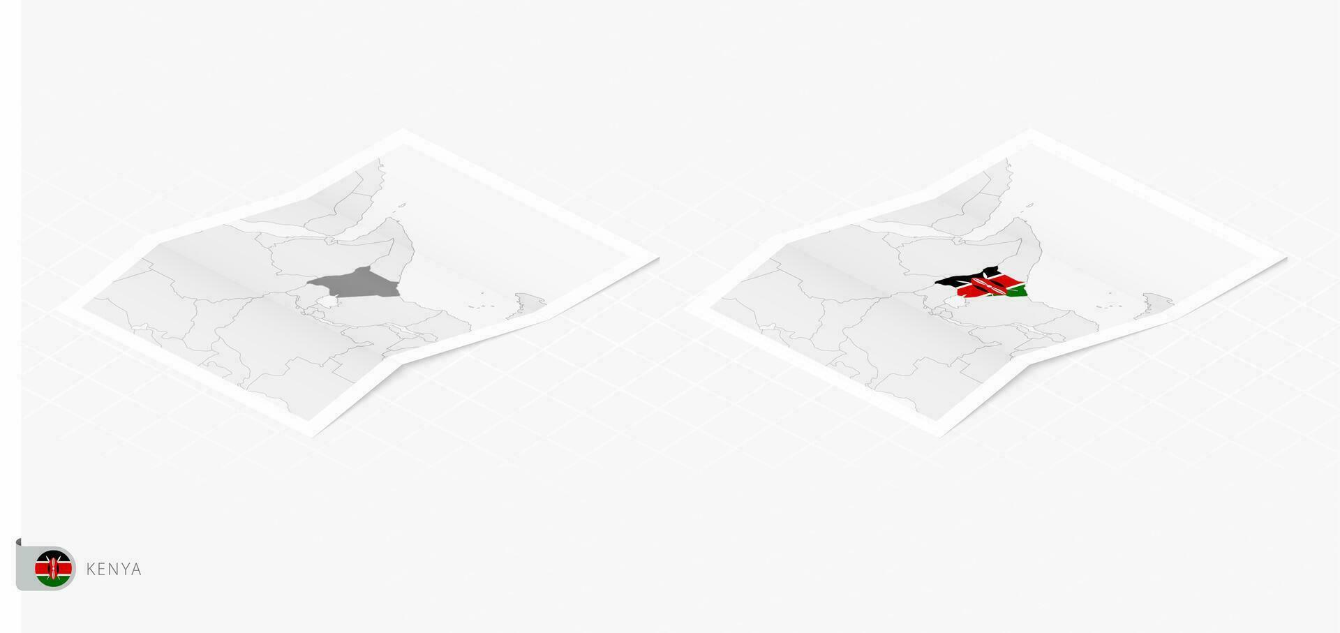 Set of two realistic map of Kenya with shadow. The flag and map of Kenya in isometric style. vector