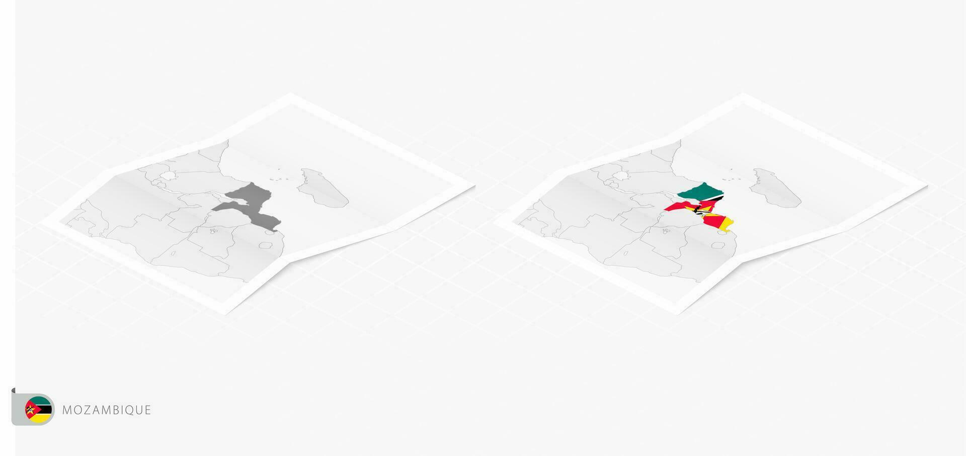 conjunto de dos realista mapa de Mozambique con sombra. el bandera y mapa de Mozambique en isométrica estilo. vector