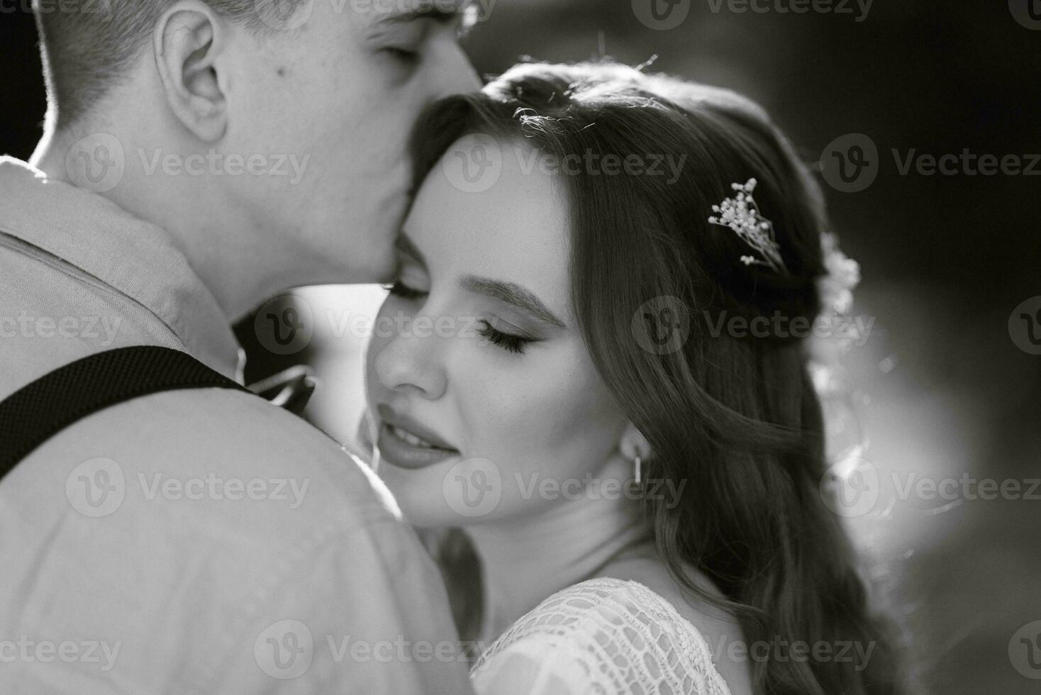 wedding walk of the bride and groom in a coniferous photo