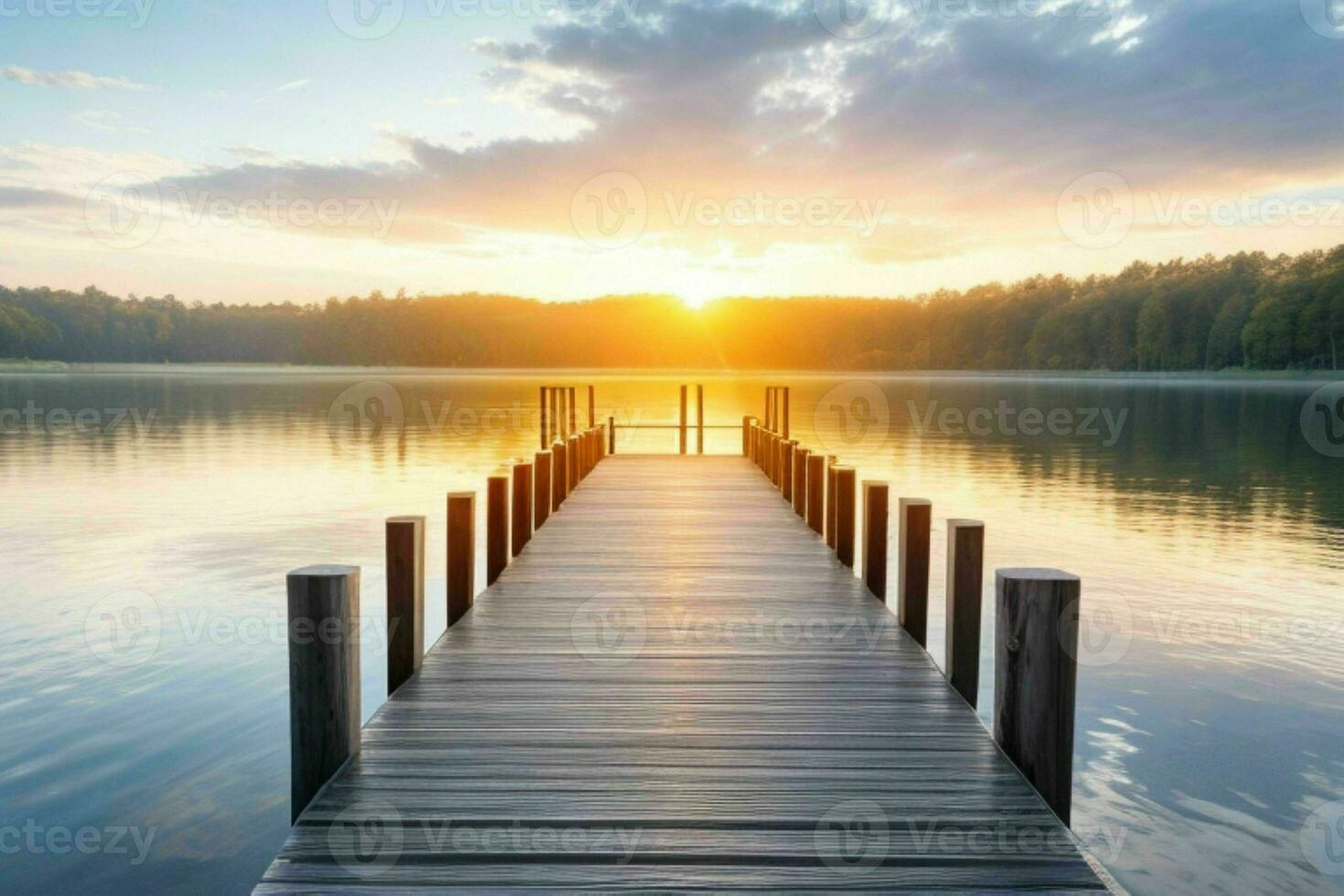 Wooden bridge with beautiful natural scenery background. AI Generative Pro Photo