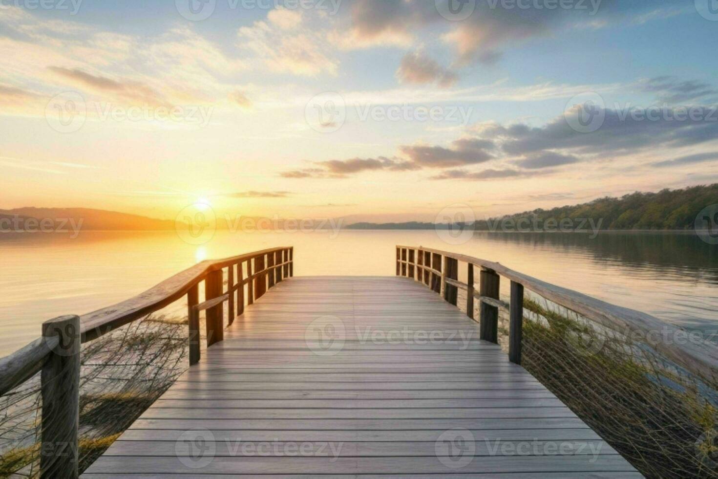 Wooden bridge with beautiful natural scenery background. AI Generative Pro Photo
