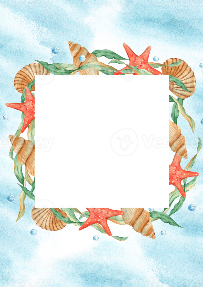 mar tarjeta modelo con mar cuadrado marco, algas, conchas marinas, rojo estrella de mar y agua burbujas, azul acuarela salpicaduras marina diseño. mano dibujado acuarela ilustración. png