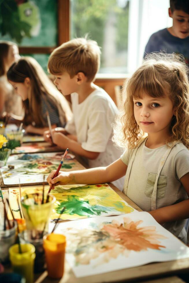 Kids painting with watercolors at school photo