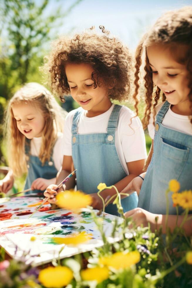 Group of children painting outdoors on a sunny day photo