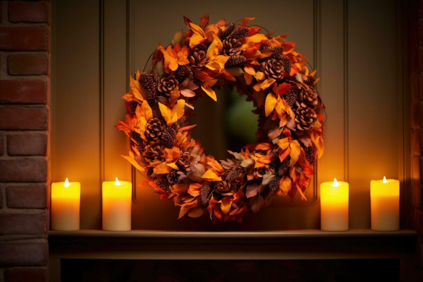 Autumnal wreath with warm lighting - welcoming and cozy photo