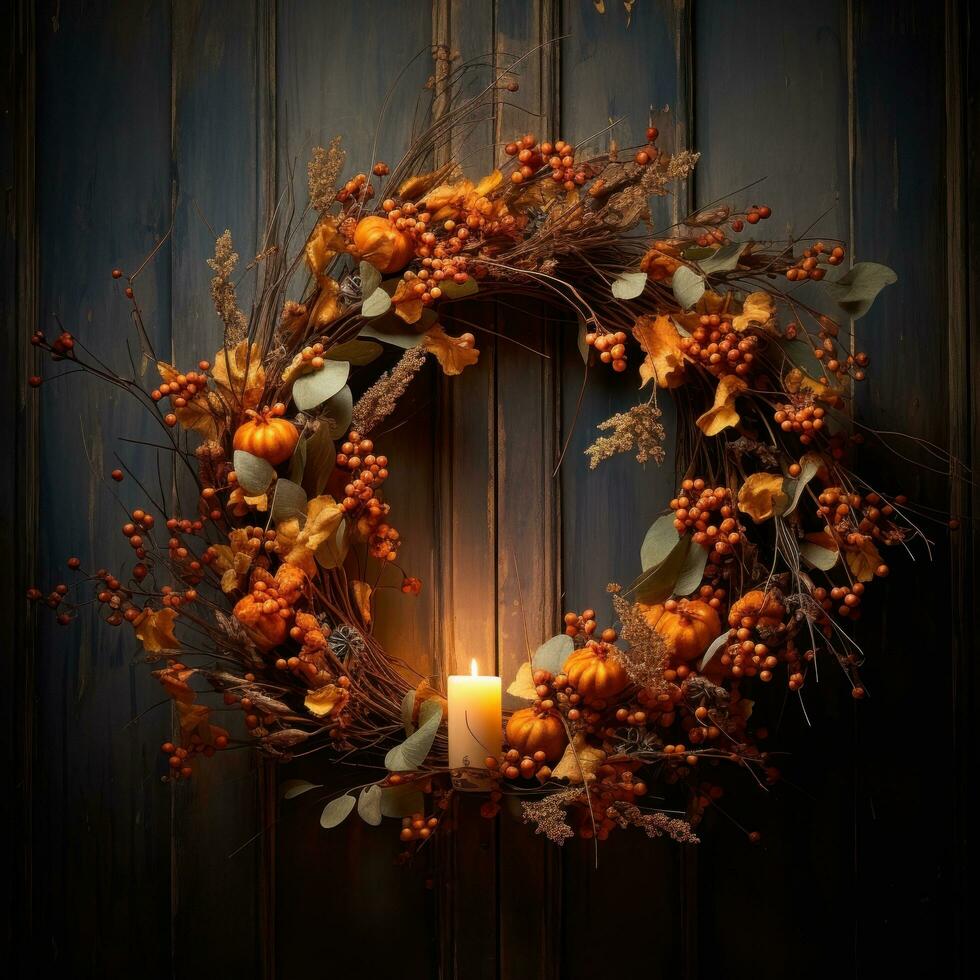 Autumnal wreath with warm lighting - welcoming and cozy photo