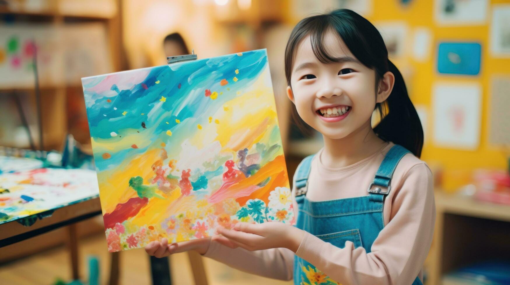 Child artist showing off their masterpiece to the camera photo